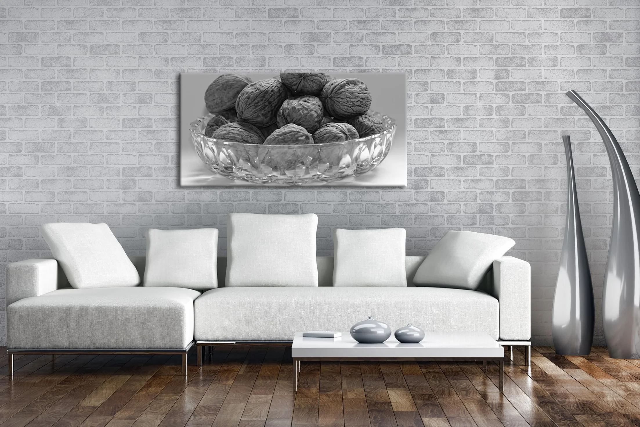 Chrupiące orzechy włoskie w skorupie panorama 120 x 60 cm efekt: czarny/biały jako obraz na płótnie, motyw oprawiony na ramie z prawdziwego drewna, wysokiej jakości druk cyfrowy z ramą