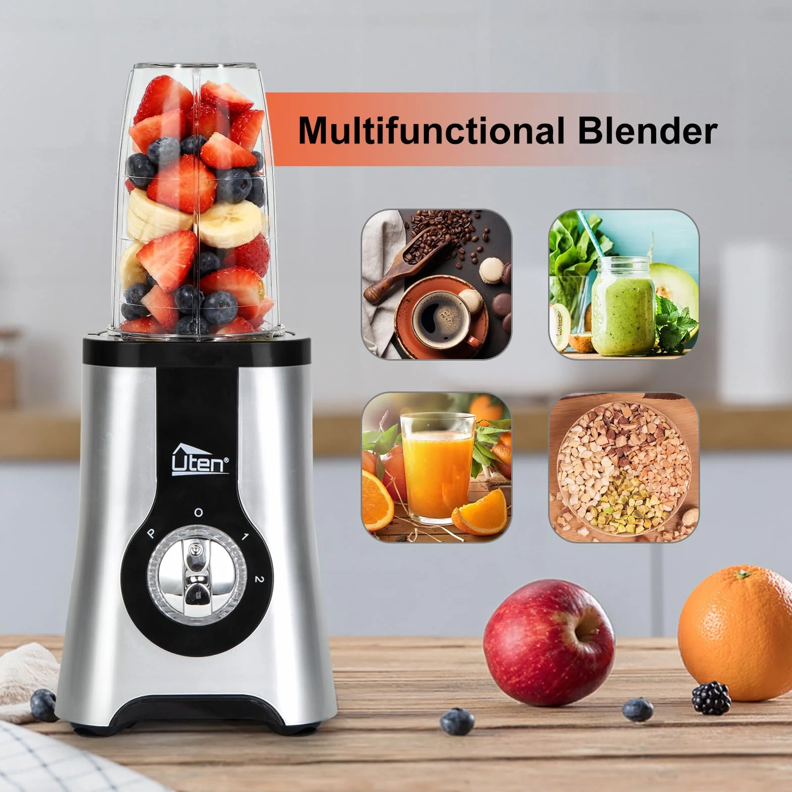 Blender Smoothie 1,25 l, 380 W, mini blender kuchenny, blender 5 w 1 do koktajli mlecznych, soków owocowych i warzywnych, przenośny blender do uprawiania sportu, podróży i domu
