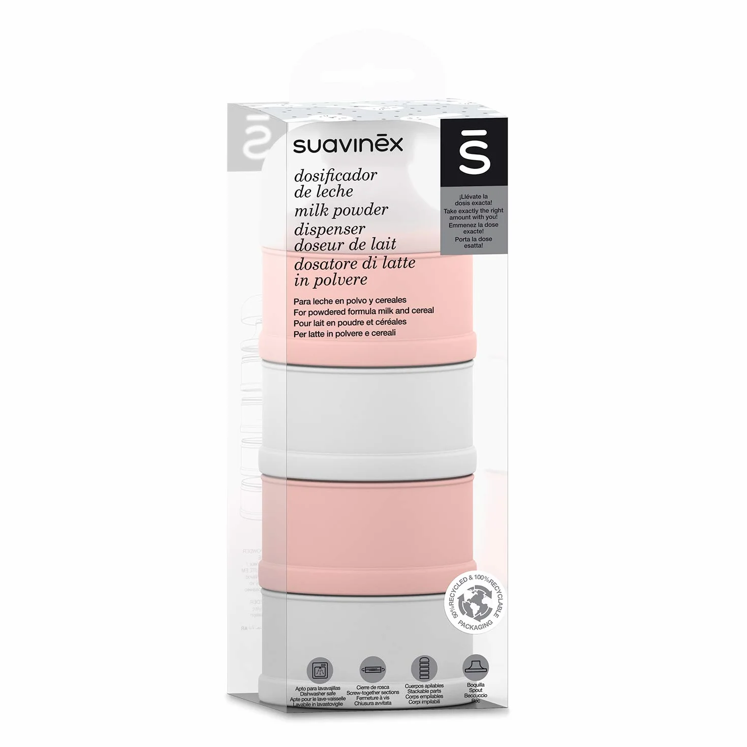 Suavinex, dozownik mleka. Pojemnik do dozowania mleka w proszku z 4 przegródkami i dzióbkiem do nalewania. Zielony