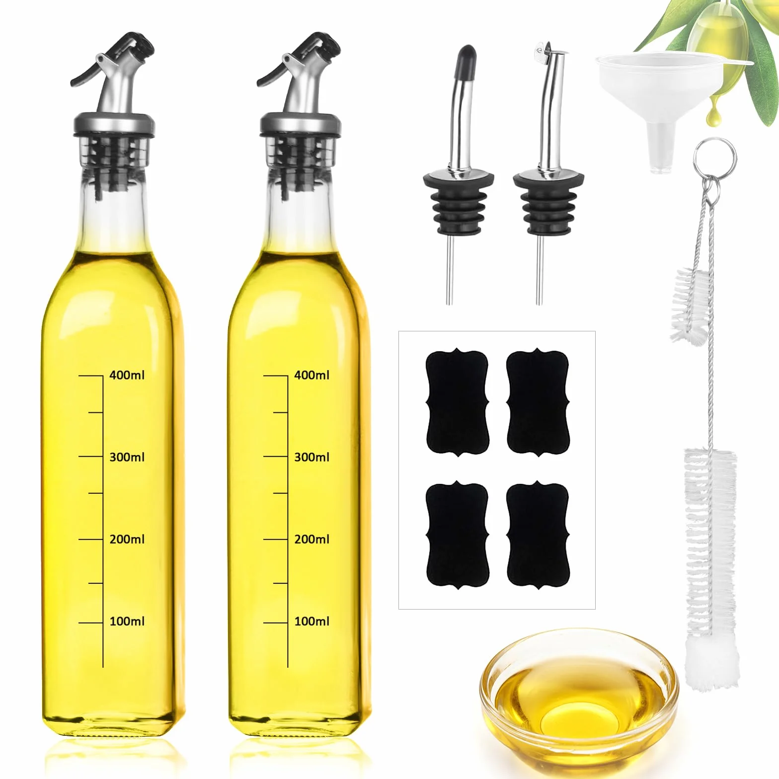 Szklana butelka z dozownikiem oliwy z oliwek, 2 x 500 ml, łatwe nalewanie, szczelna, z szerokim otworem i wyjmowanym filtrem butelka na olej - zapasowe wylewki