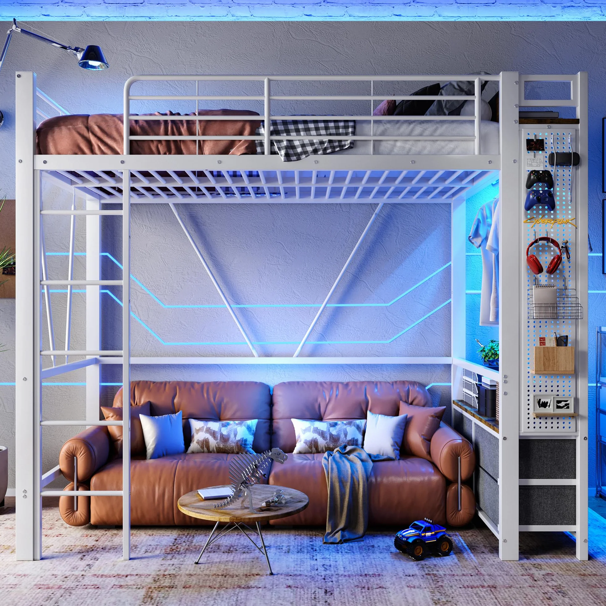 OKMYHOME Łóżko antresolowe 90x200 cm - łóżko dekoracyjne z biurkiem i miejscem do przechowywania - metal i MDF - bez materaca - białe