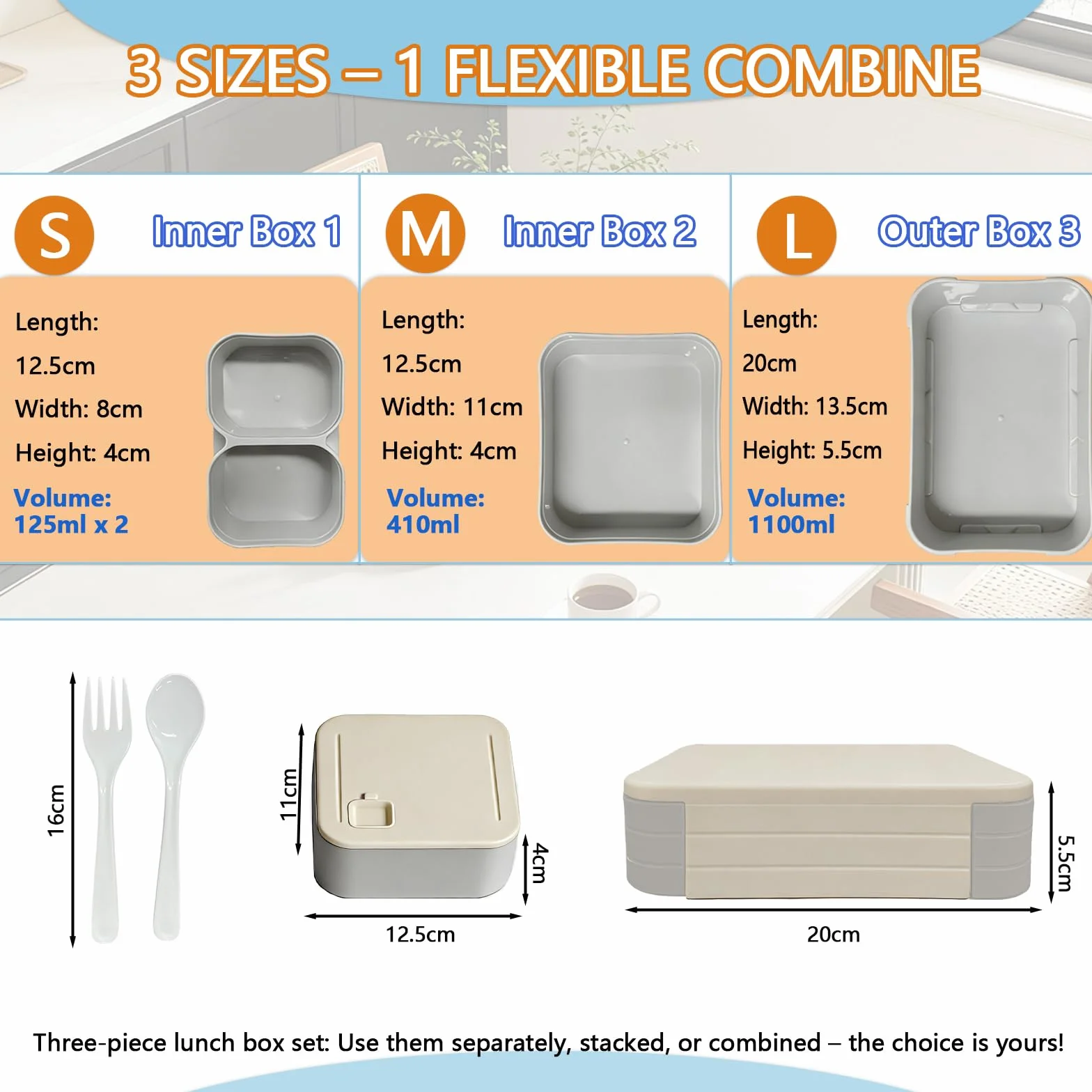 Lunch Box z Przegródkami 1760ml – Bento Box Szczelny i Sztaplowany – Modularny Pojemnik 3w1, BPA Free, Do Mikrofalówki – Zestaw z Łyżką i Widelcem (Szary)