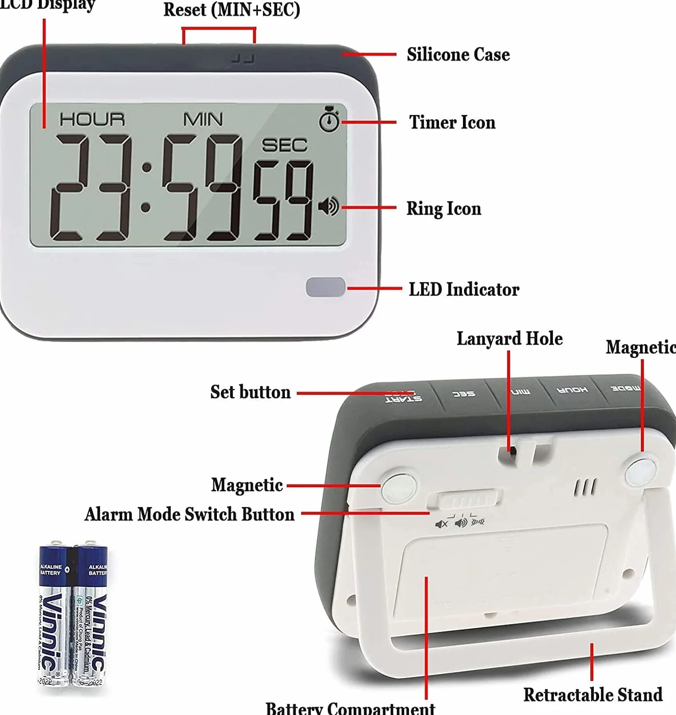 Minutniki, minutnik kuchenny z budzikiem 12/24 godzinny cyfrowy minutnik gotowania, wysuwana podstawa Duży wyświetlacz LCD (kolor: szary) (Color : gr�n)