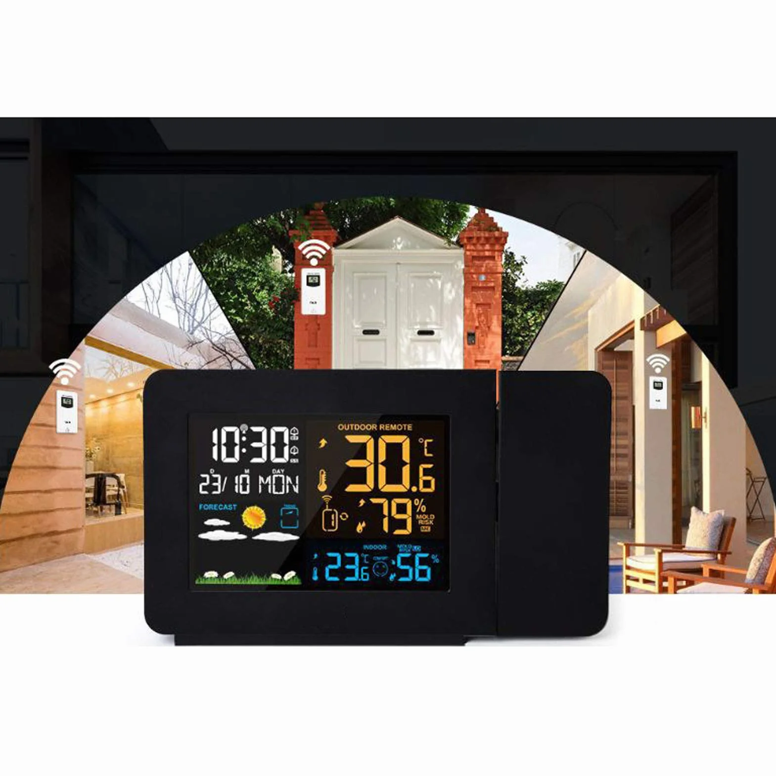 Stacja pogodowa, budzik, kolorowy wyświetlacz LCD, czujnik temperatury, prognoza pogody, zegar z monitorem pogody, termometr wewnętrzny i zewnętrzny