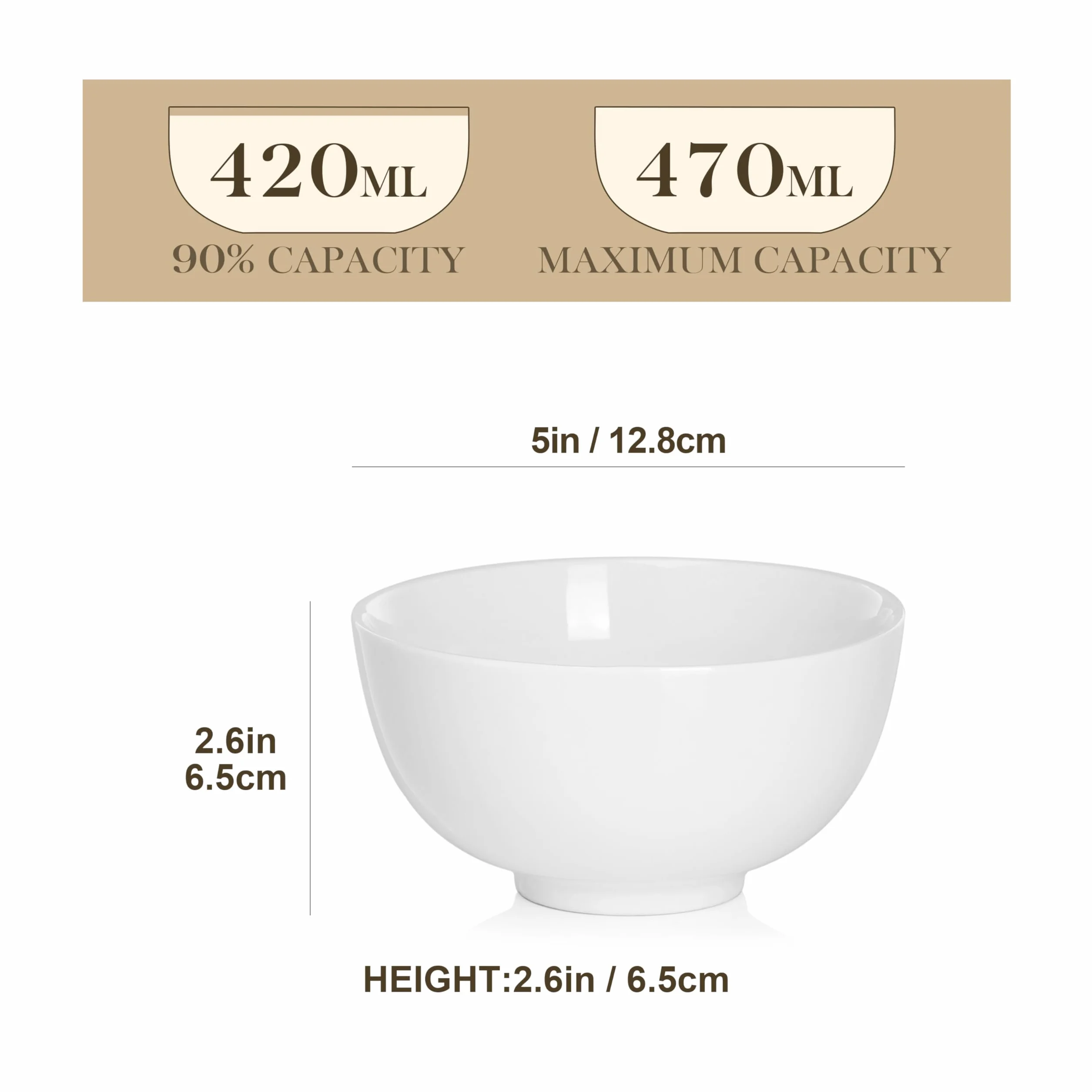 MALACASA, Seria regularna, zestaw 8 szt. 12,5 x 12,5 x 6,5/440 ml kremowo-biała porcelana miska do ryżu zupy zestaw misek na musli