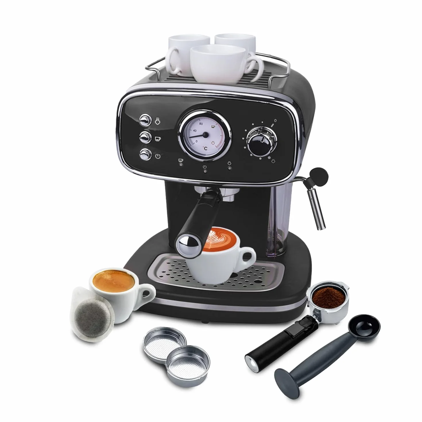 Wintem - Czarna kawa 1100 W do espresso i cappuccino z włócznią parową, kompatybilny z goframi i kawą mieloną, wyjmowany zbiornik 1,2 l, ciśnienie 15 bar