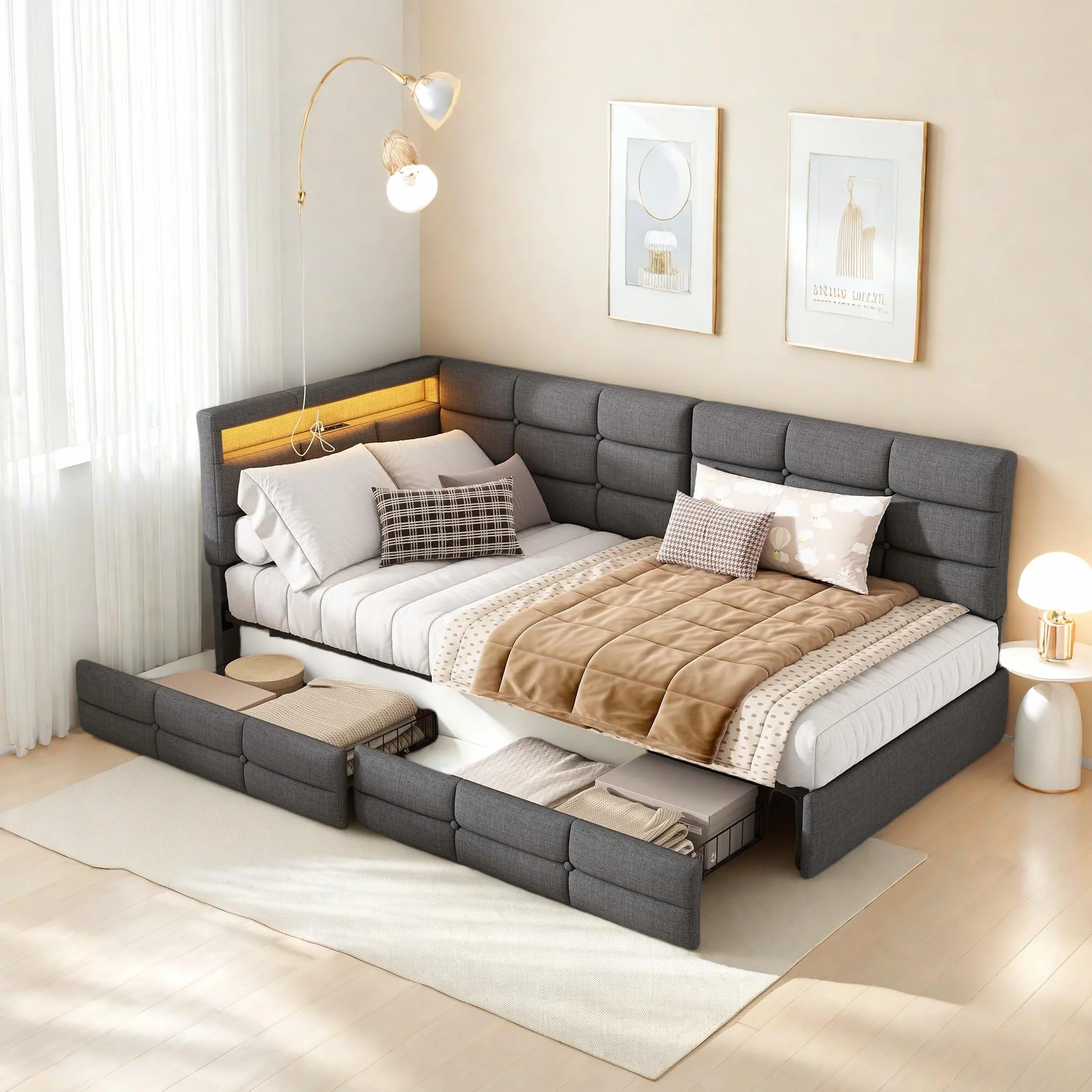 Sofa z funkcją spania w kształcie L 90x200 z 2 szufladami USB/Typ C LED