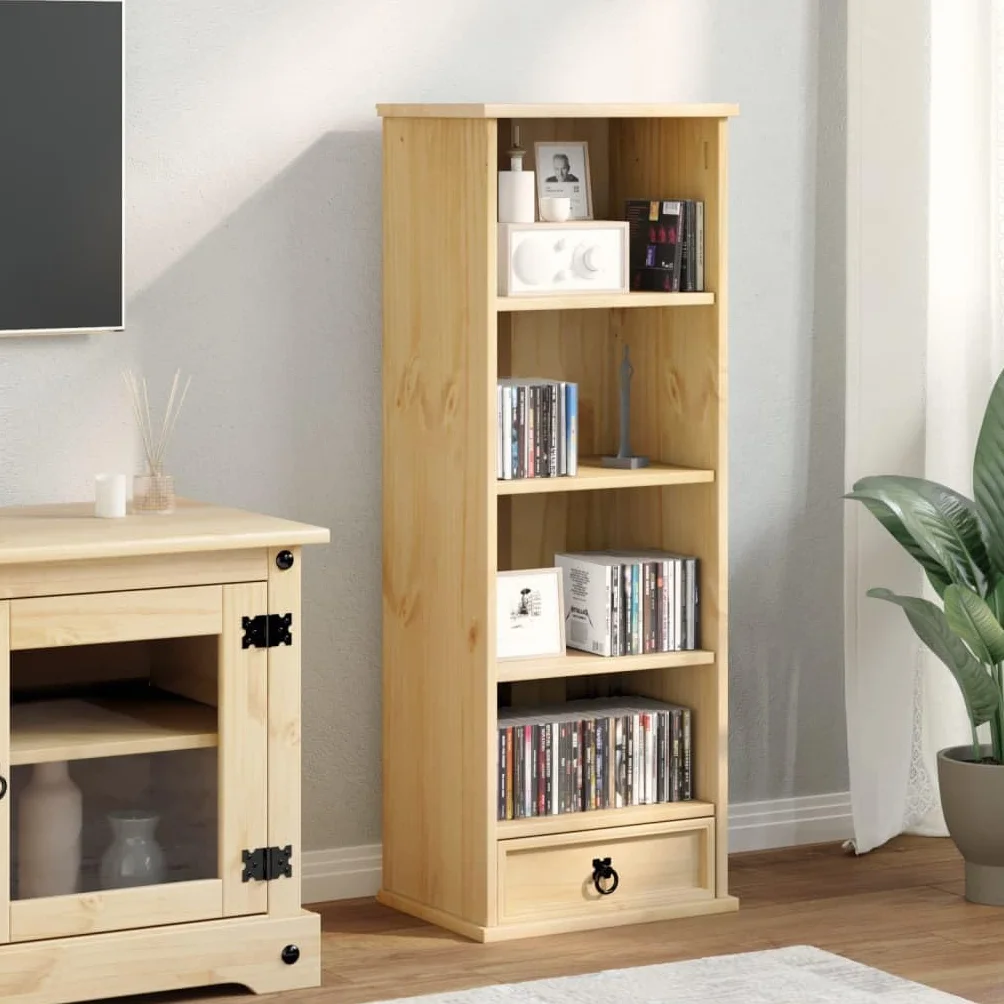 Générique Szafka na płyty CD 40 x 30 x 110 cm z litego drewna sosnowego, szafka do przechowywania płyt CD z szufladą i otwartymi przegródkami na DVD, wielofunkcyjna półka do biura lub sypialni