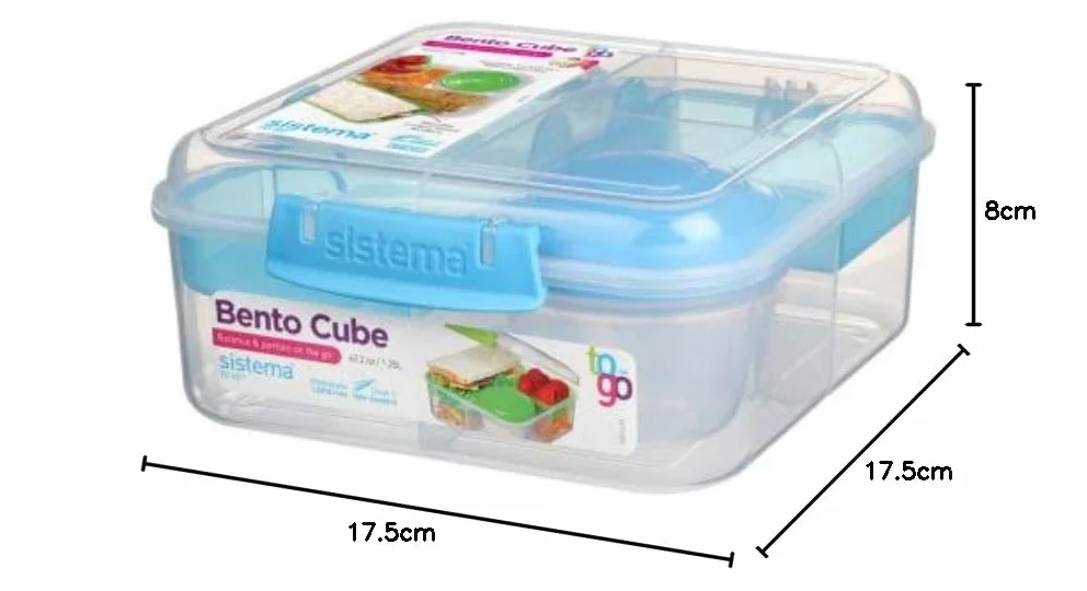 Sistema BENTO Cube XL pojemnik na lunch z 5 komorami - 1250 ml, z kubkiem z zakrętką, wymiary 17,5 x 17,5 x 8 cm (szer. x gł. x wys.), 21685 Niebieski