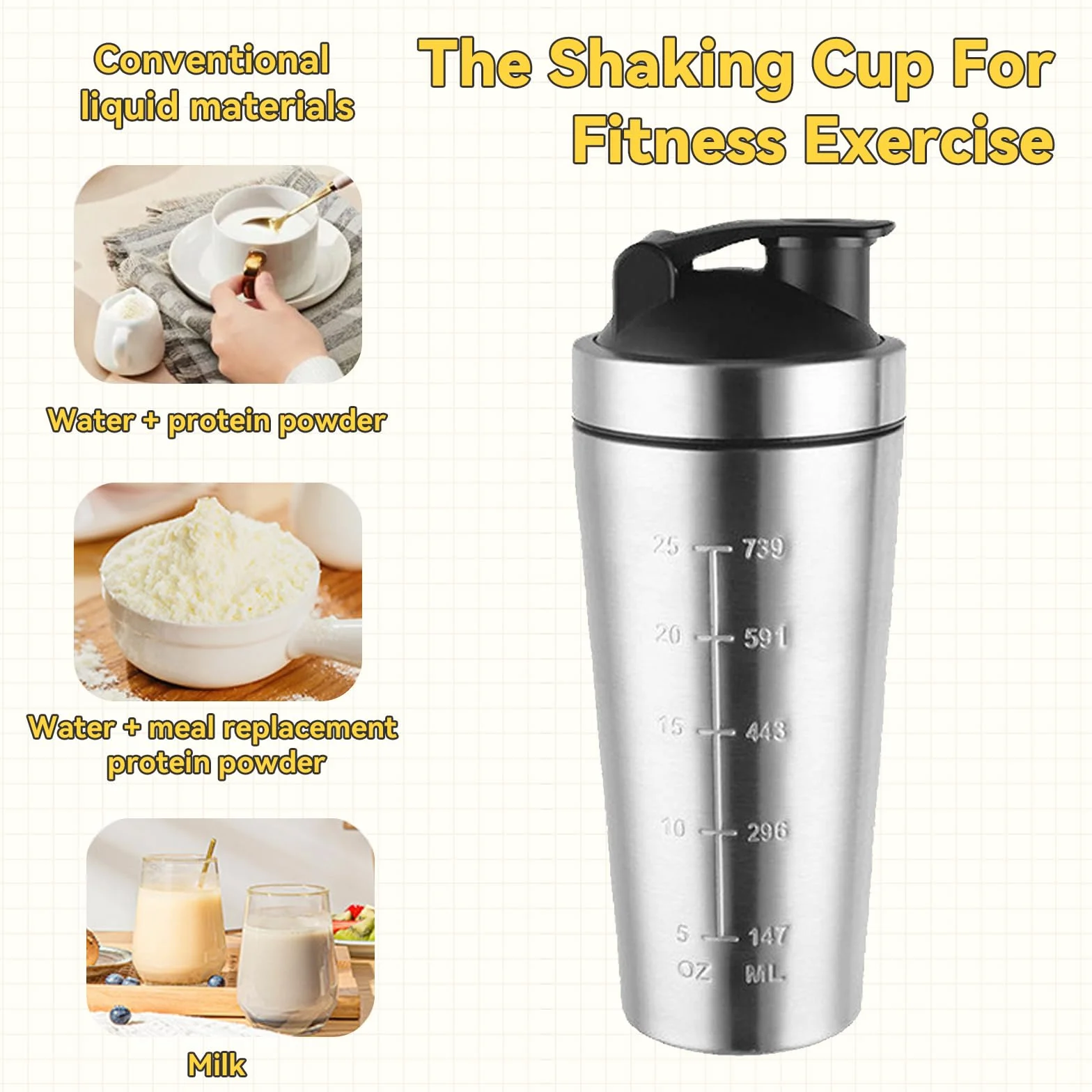 Shaker proteinowy ze stali nierdzewnej, 750 ml, shaker proteinowy ze stali nierdzewnej, z kulką do mieszania, przenośny kubek na wodę, szczelny shaker proteinowy do koktajli proteinowych i