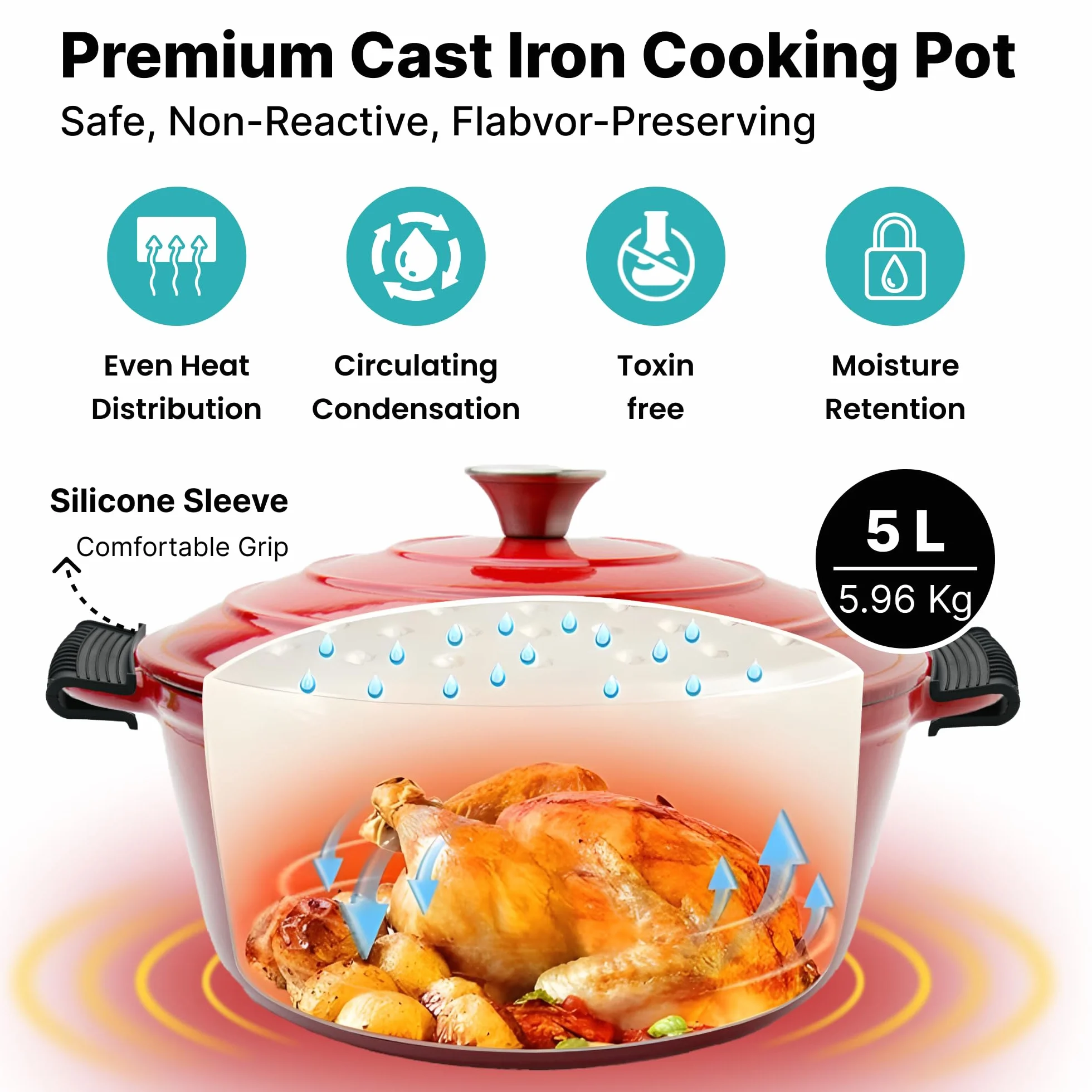 The Better Home Rustykalny żeliwny piec holenderski (5 l) | powlekany emalią Biryani Handi garnek ciężki spód | Handi z pokrywką do gotowania, odporny na rdzę garnek żelazny, naczynia gazowe i