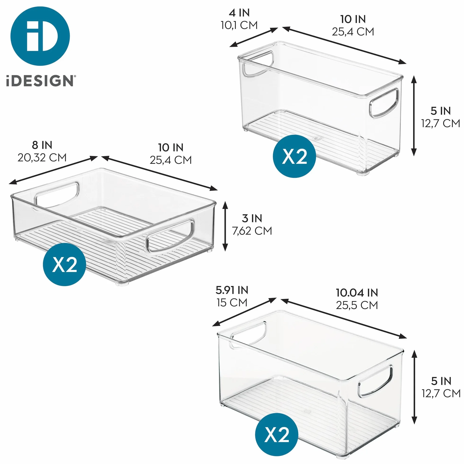 iDesign 6-częściowy organizer kuchenny z recyklingu, z tworzywa sztucznego, z wbudowanymi uchwytami, do kuchni, lodówki, zamrażarki, spiżarni i szafek, różne rozmiary, przezroczysty