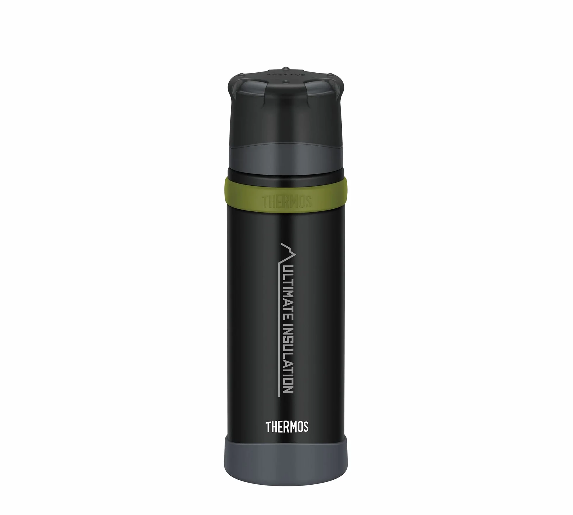 Thermos Mountain Beverage Bottle 0,50 l, czarna, termos ze stali nierdzewnej z kubkiem do picia, ciepła 24 h/zimna 24 h, lekka butelka outdoorowa, wytrzymała, rozkładane zamknięcie, nie zawiera BPA