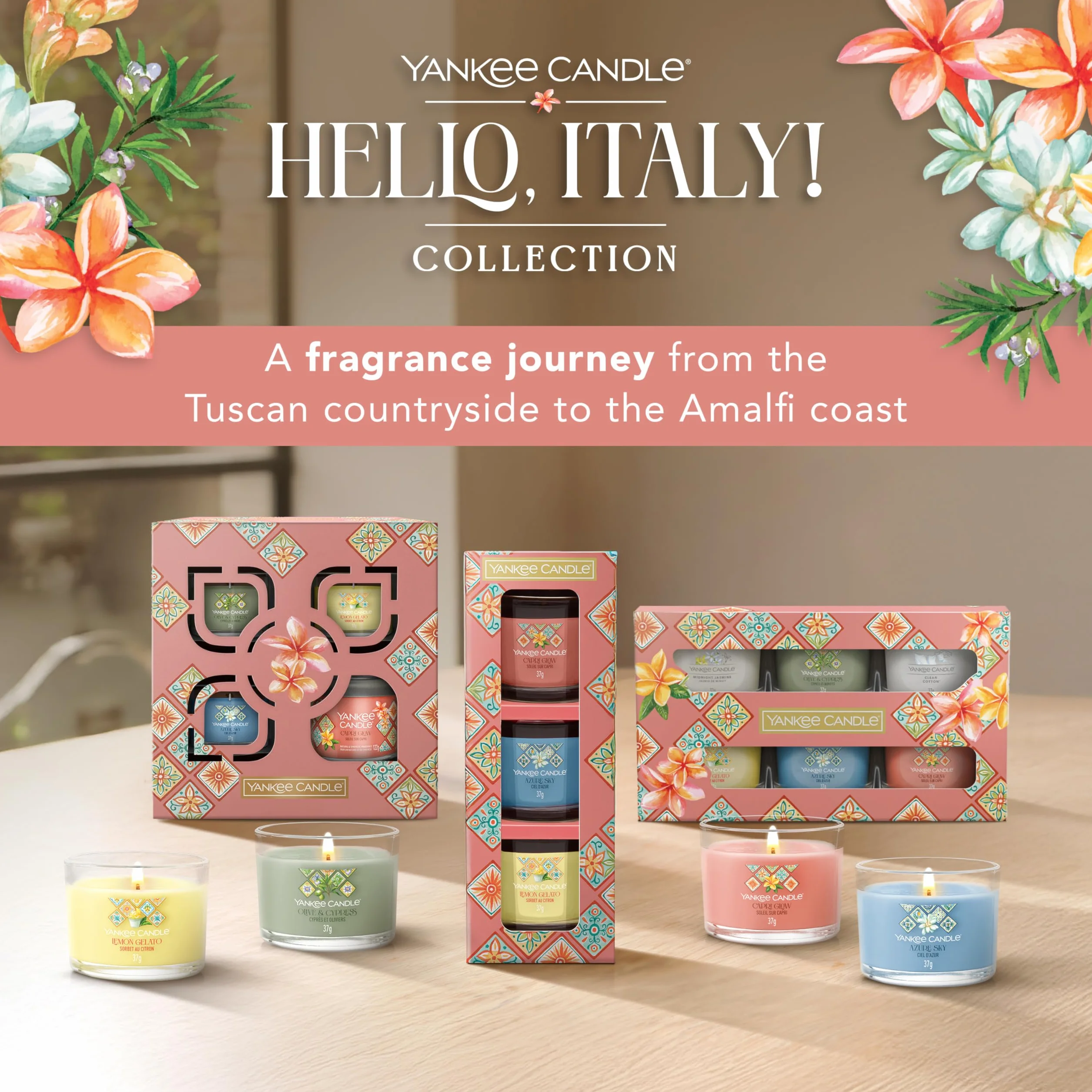 Yankee Candle Zestaw upominkowy świec zapachowych, mini świece wotywne, mieszanka wosku sojowego, kolekcja Hello Italy, idealne prezenty dla kobiet, 6 sztuk