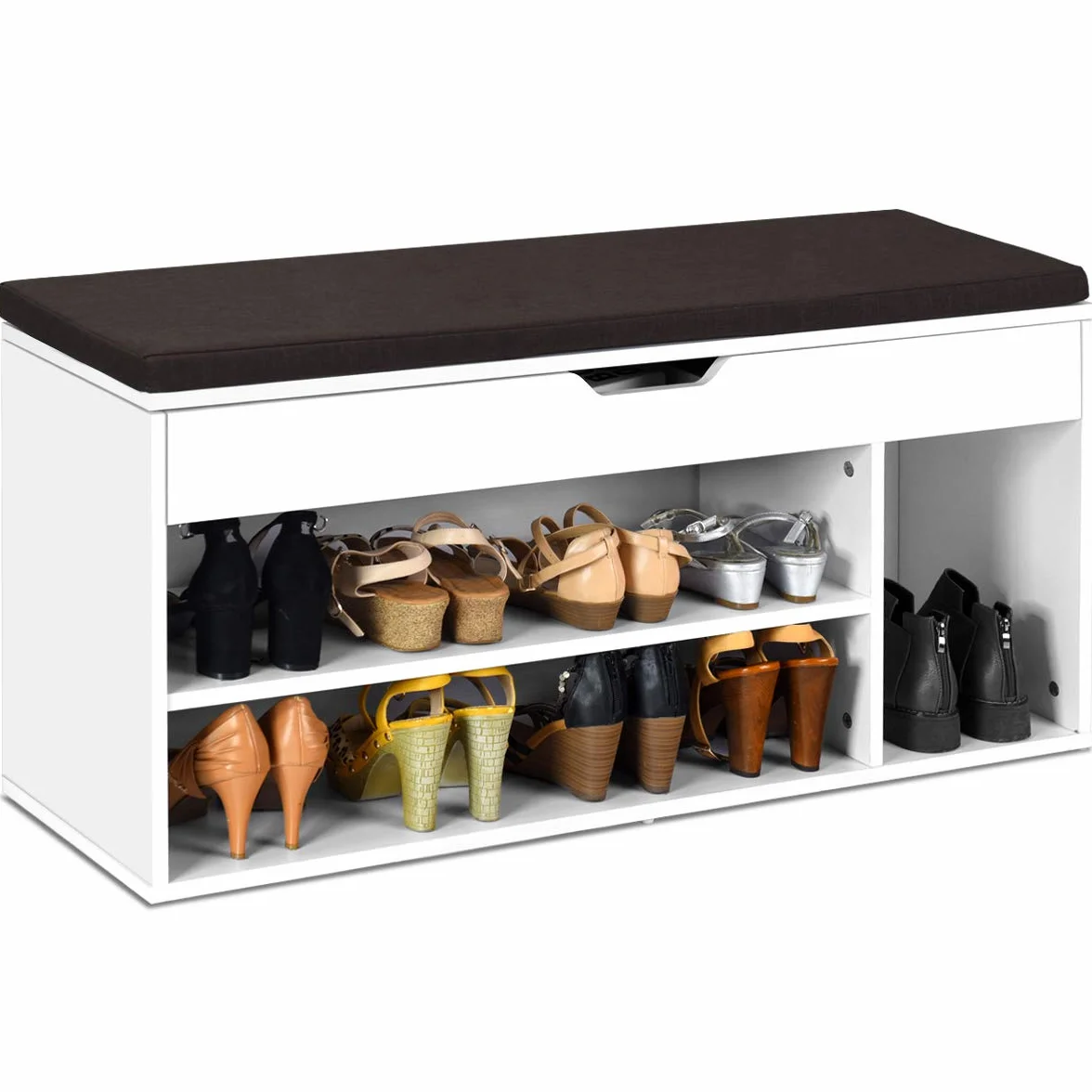 COSTWAY Ławka na buty z siedziskiem i miejscem do przechowywania, 104 x 30 x 48 cm, regał garderobiany, regał na buty, składana szafka na buty, ławka ze stojakiem, poduszka do siedzenia (biały)