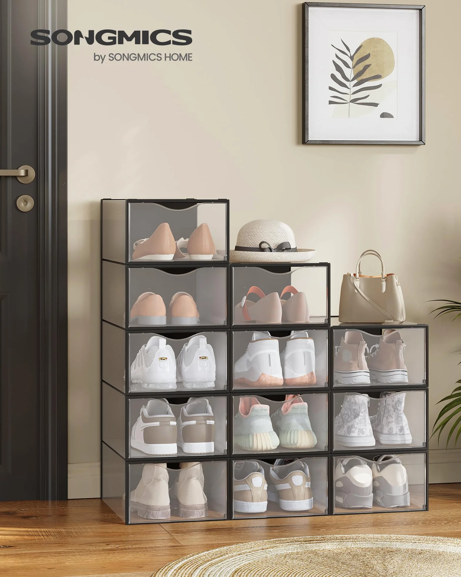 SONGMICS Przezroczyste pudełka na buty, zestaw 12, 33,2 x 23 x 14,5 cm, do rozmiaru 42, czarne