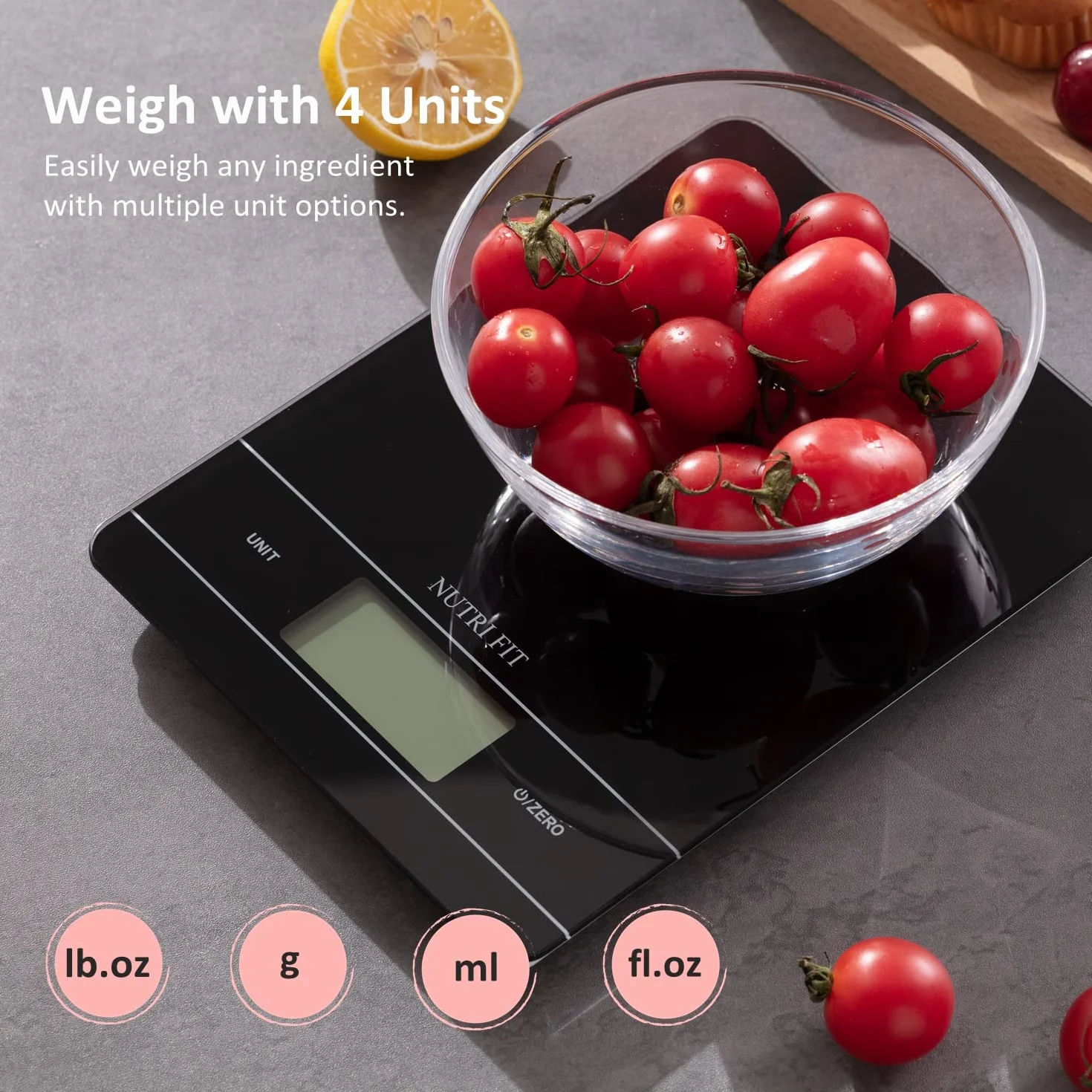 NUTRI FIT Cyfrowa waga kuchenna z możliwością ponownego ładowania, USB typu C, elektroniczna waga do żywności, szeroka platforma ważenia ze szkła hartowanego, podświetlany wyświetlacz LCD, 11 lb/5 kg