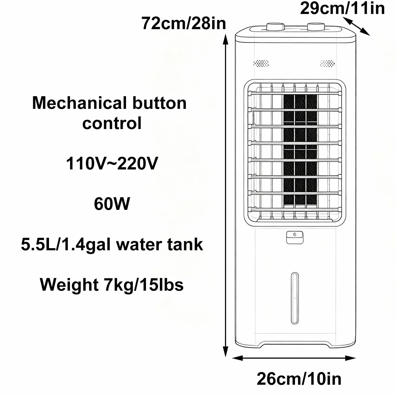 Ewaporacyjny Schładzacz Przenośny Klimatyzator ze Sterowaniem Mechanicznym | Tworzywo ABS, 60W, do Sypialni i Salonu, Zbiornik 5.5L Pudełko na Aromat Sterowanie Pokrętłem, Biały