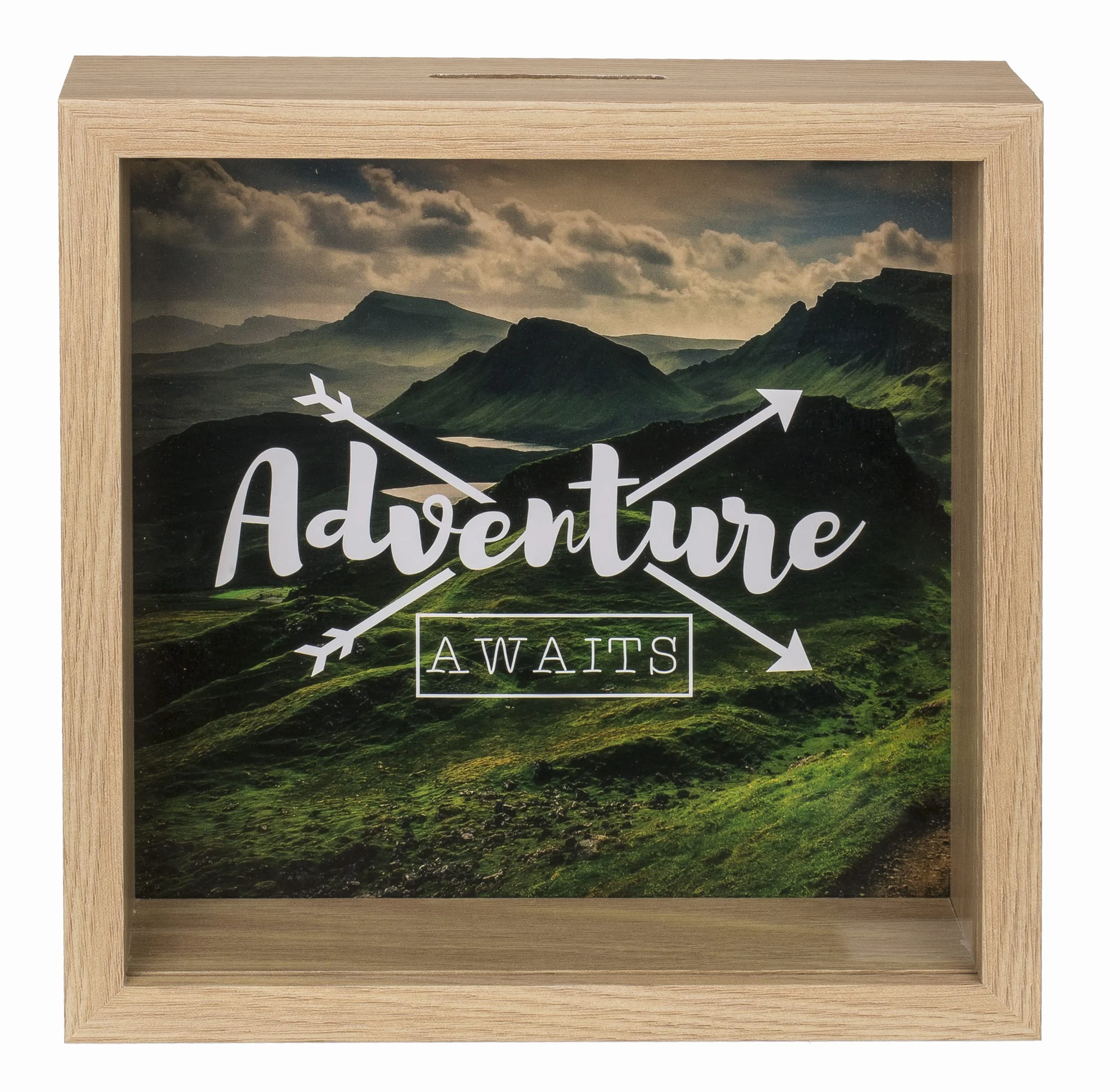 Drewniana skarbonka, Adventure Awaits, z ramą, ok. 20 x 20 cm, zielona