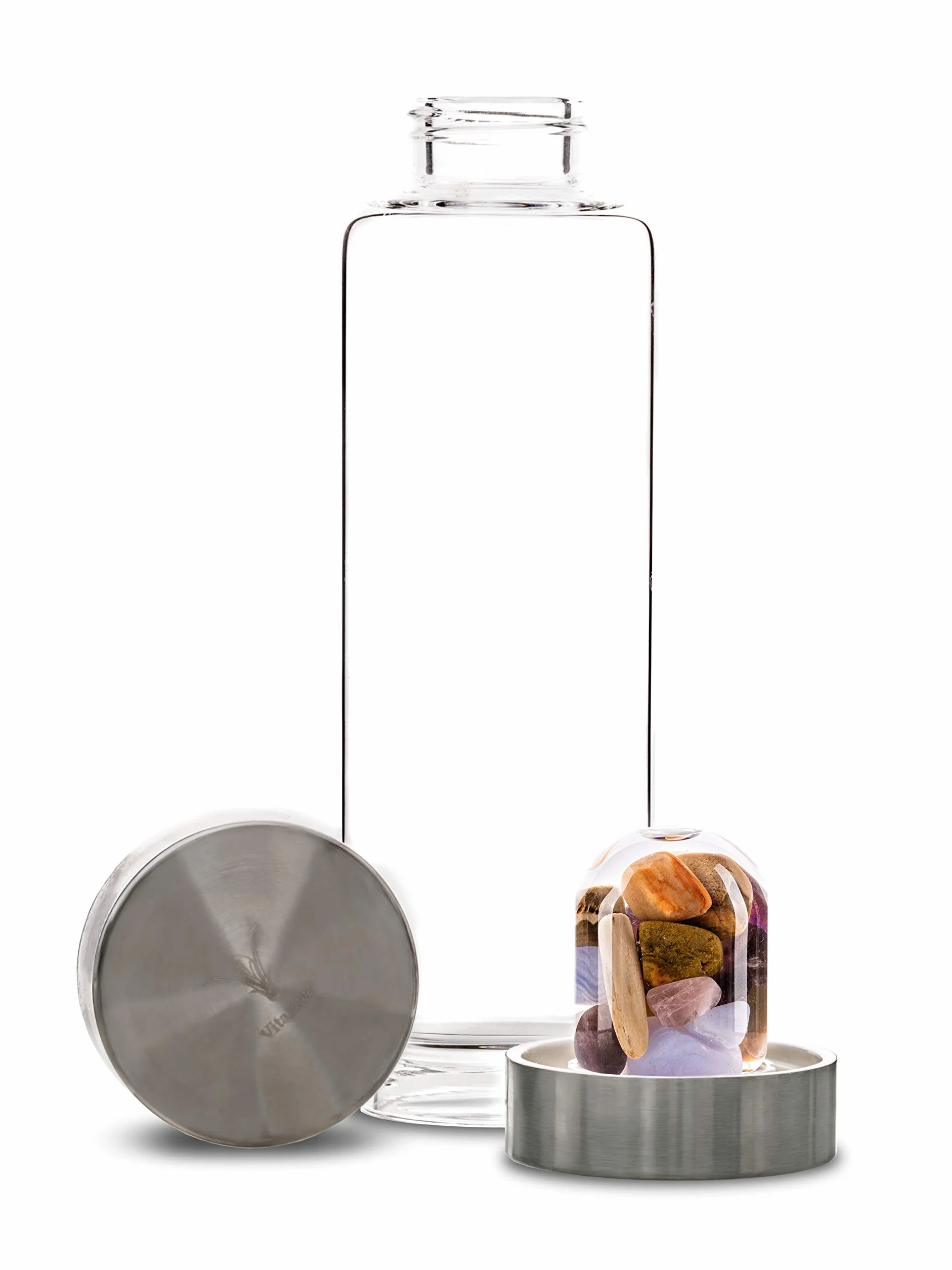 VitaJuwel ViA Five Elements, kryształowa butelka na wodę z ametystem, chalcedon, skamieniałe drewno, kwarc różowy, agat, odbicie, wzrost i podkład