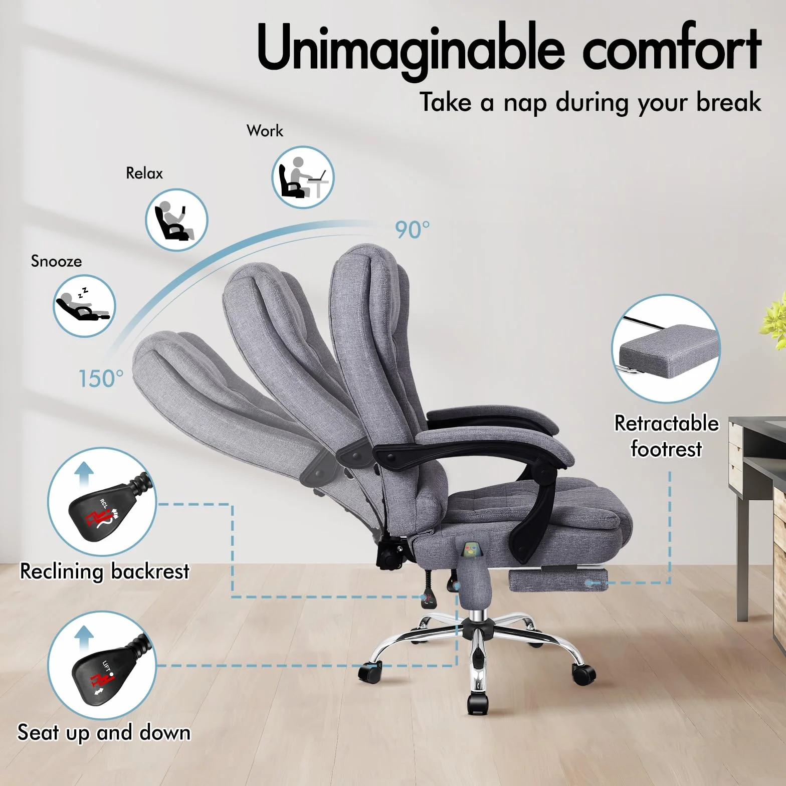 ALFORDSON Ergonomiczne krzesło biurowe, z funkcją masażu ciepła, lniane krzesło komputerowe z wyściełanymi podłokietnikami i miękkim zagłówkiem, krzesło obrotowe z kółkami, szare