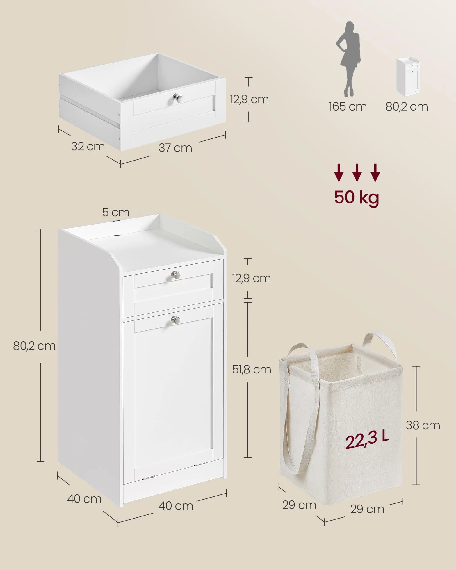VASAGLE Szafka łazienkowa, kosz na pranie, szafka do przechowywania, ze zdejmowaną torbą wewnętrzną z uchwytami, 1 szufladą i 1 koszem na pranie, 40 x 40 x 80,2 cm, biała chmura BBC741W01