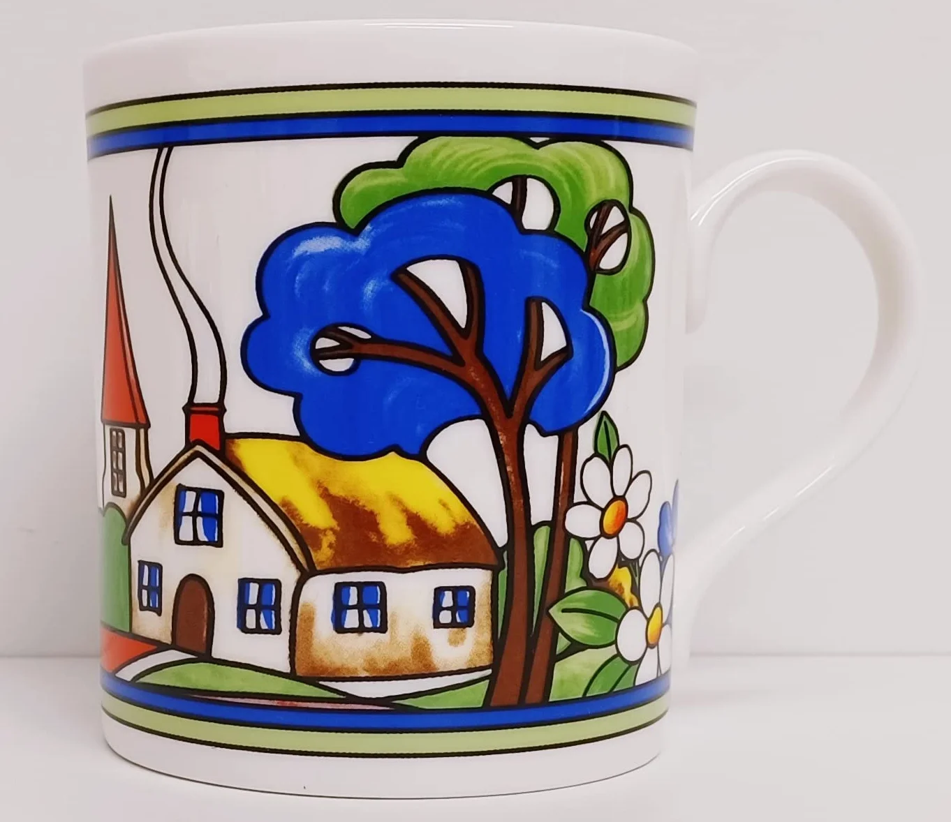 Village Art Deco kubki, zestaw 6 dużych kubków Balmoral, 425 ml, wysokiej jakości porcelana kostna, ekskluzywne, wiejskie kubki do sceny, ręcznie dekorowane w Wielkiej Brytanii