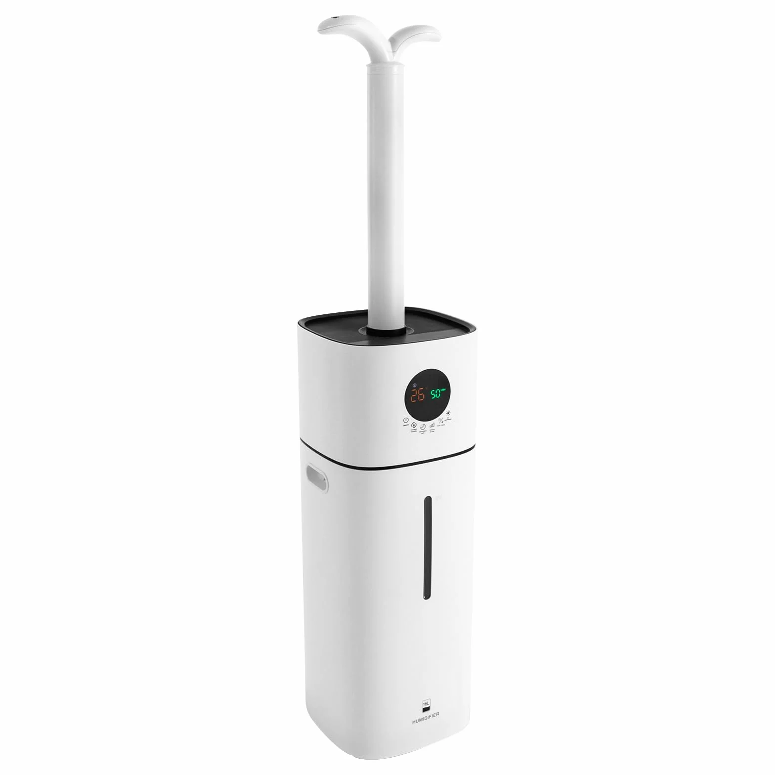 Nawilżacz powietrza do dużych pomieszczeń, wypełnienie górne 16 l, ultradźwięki, ekran LED, timer 1-12 h, regulowana wilgotność powietrza, zastosowanie powierzchni 30-100 m², biały
