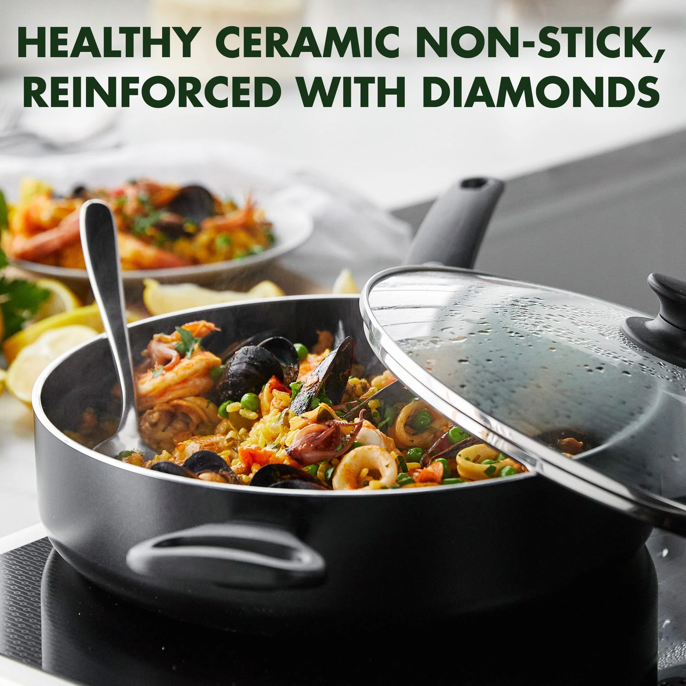GreenPan Saute Pan with 2 Side Handles & Lid, Non Stick, Toxin Free Ceramic Skillet - Induction, Oven & Dishwasher Safe Cookware - 24 cm/3.1 Litre, Black