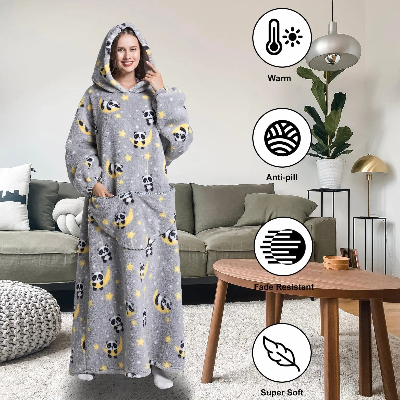 Damski koc z rękawami oversize, bluza z kapturem, sweter bożonarodzeniowy, Panda, rozmiar uniwersalny