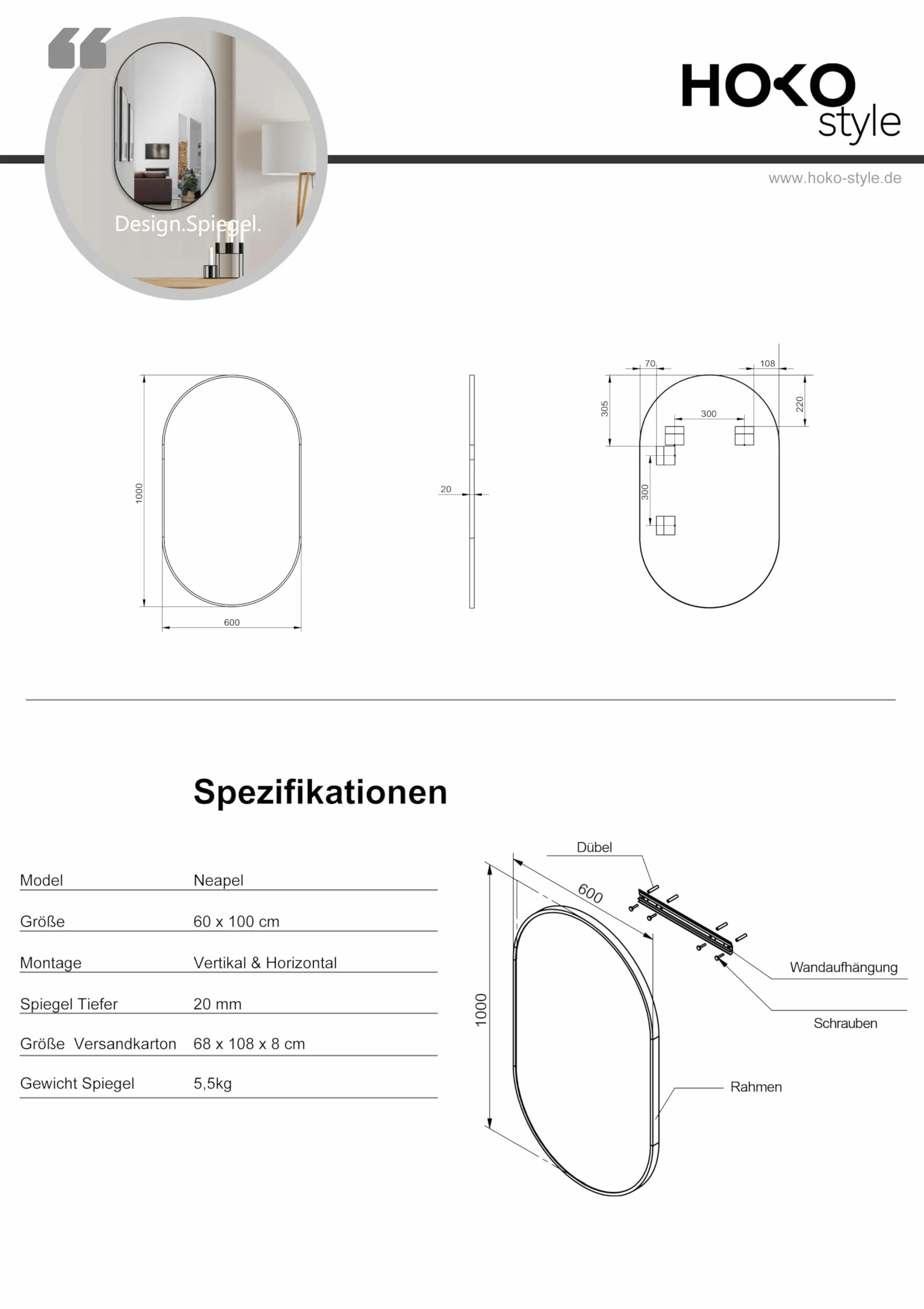 HOKO® Designerskie lustro ścienne owalne 60 x 100 cm z metalową ramą matową czarną. Możliwość montażu WYSOKIEGO i POPRZECHOWEGO Owalne lustro do łazienki, korytarza, sypialni. Lustro designerskie z