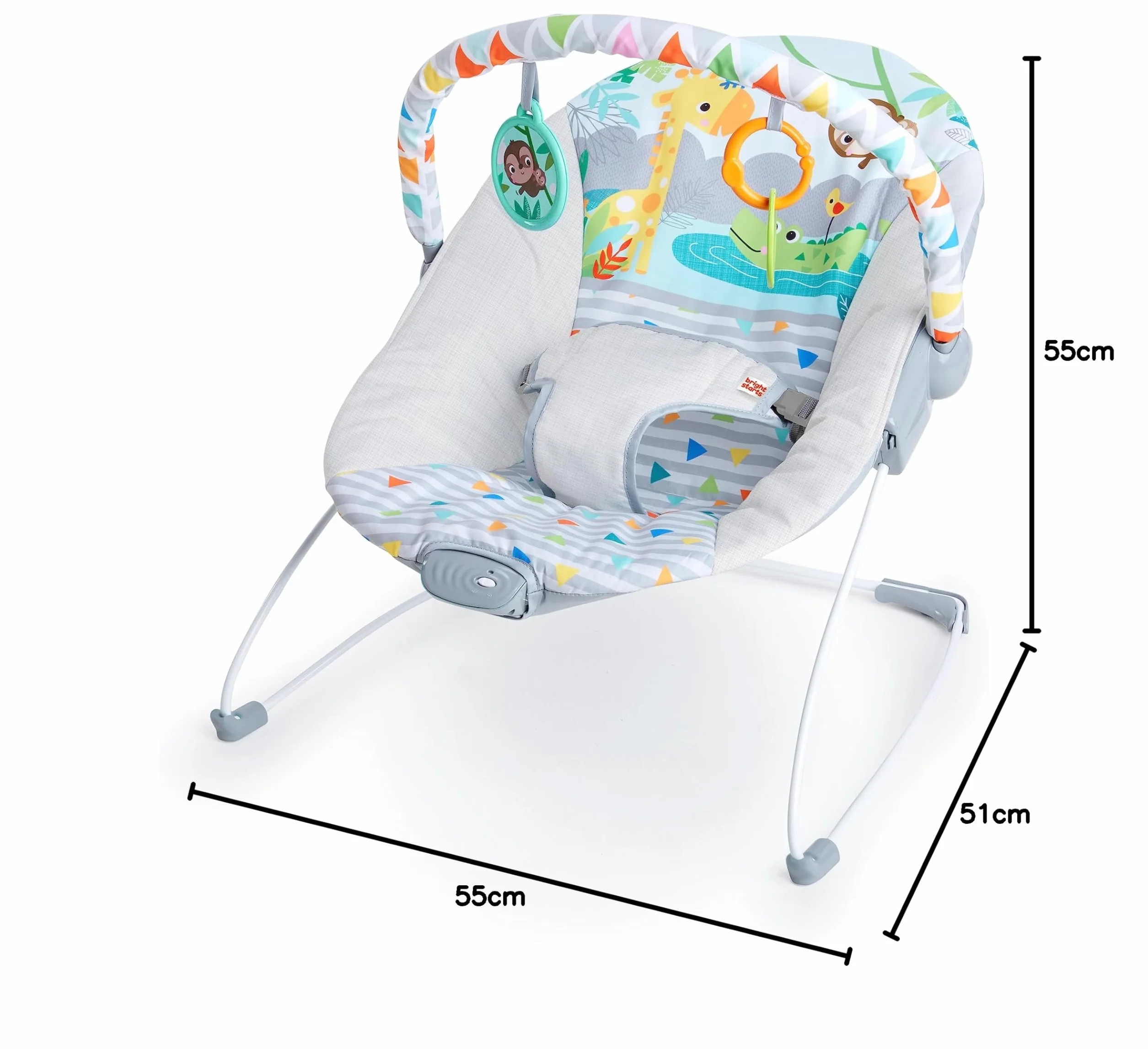 Bright Starts, Łopatka dla niemowląt, Safari Fun z uspokajającymi wibracjami, poduszka do siedzenia, nadająca się do prania w pralce, antypoślizgowe nóżki i 2 zabawki