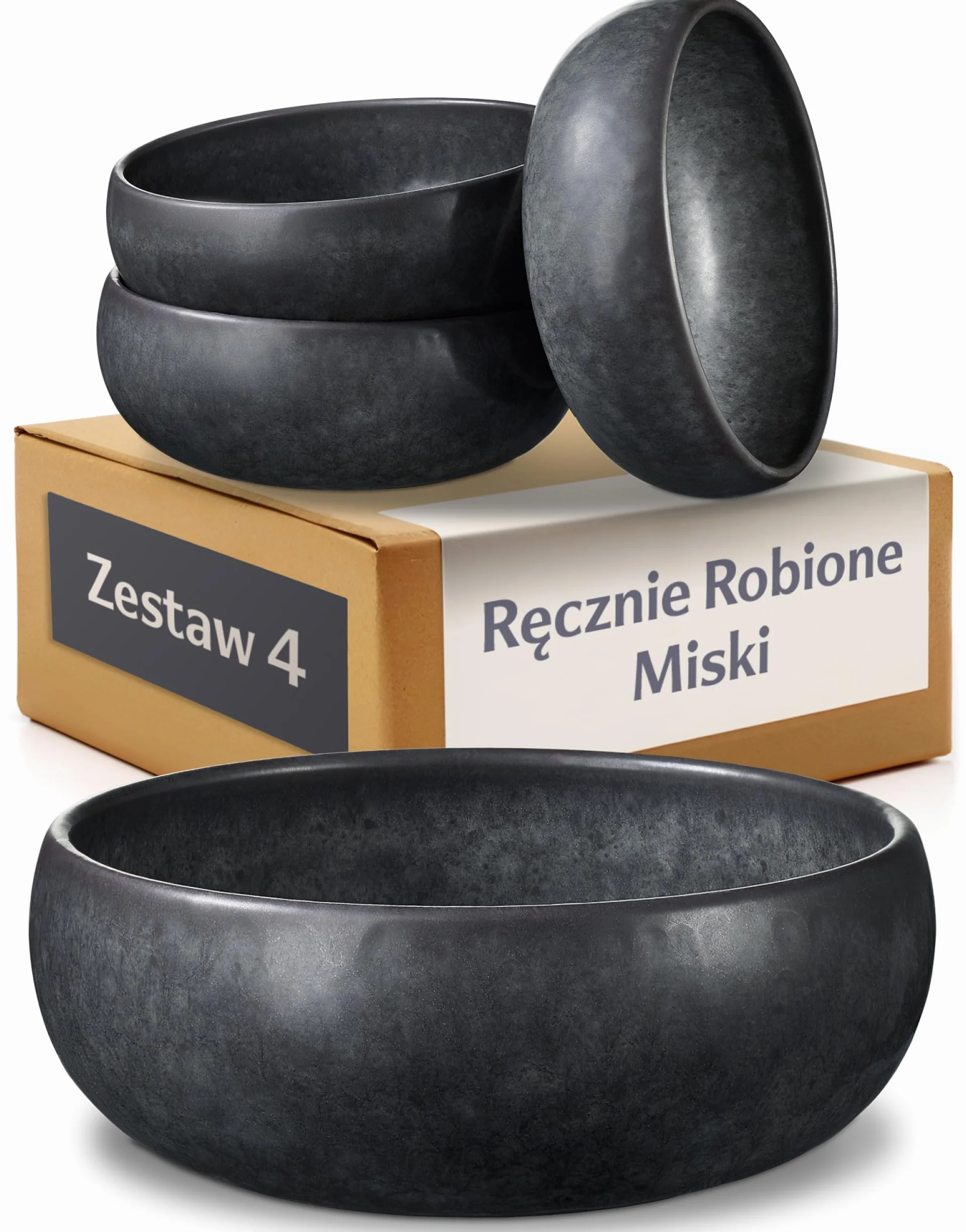 Cosumy Zestaw Misek Ceramicznych 4 Szt. 750 ml – Klasyczne Czarne Miski Śniadaniowe i do Zupy – Zestaw Misek dla 4 Osób do Codziennego Użytku – Do Mikrofalówki i Zmywarki