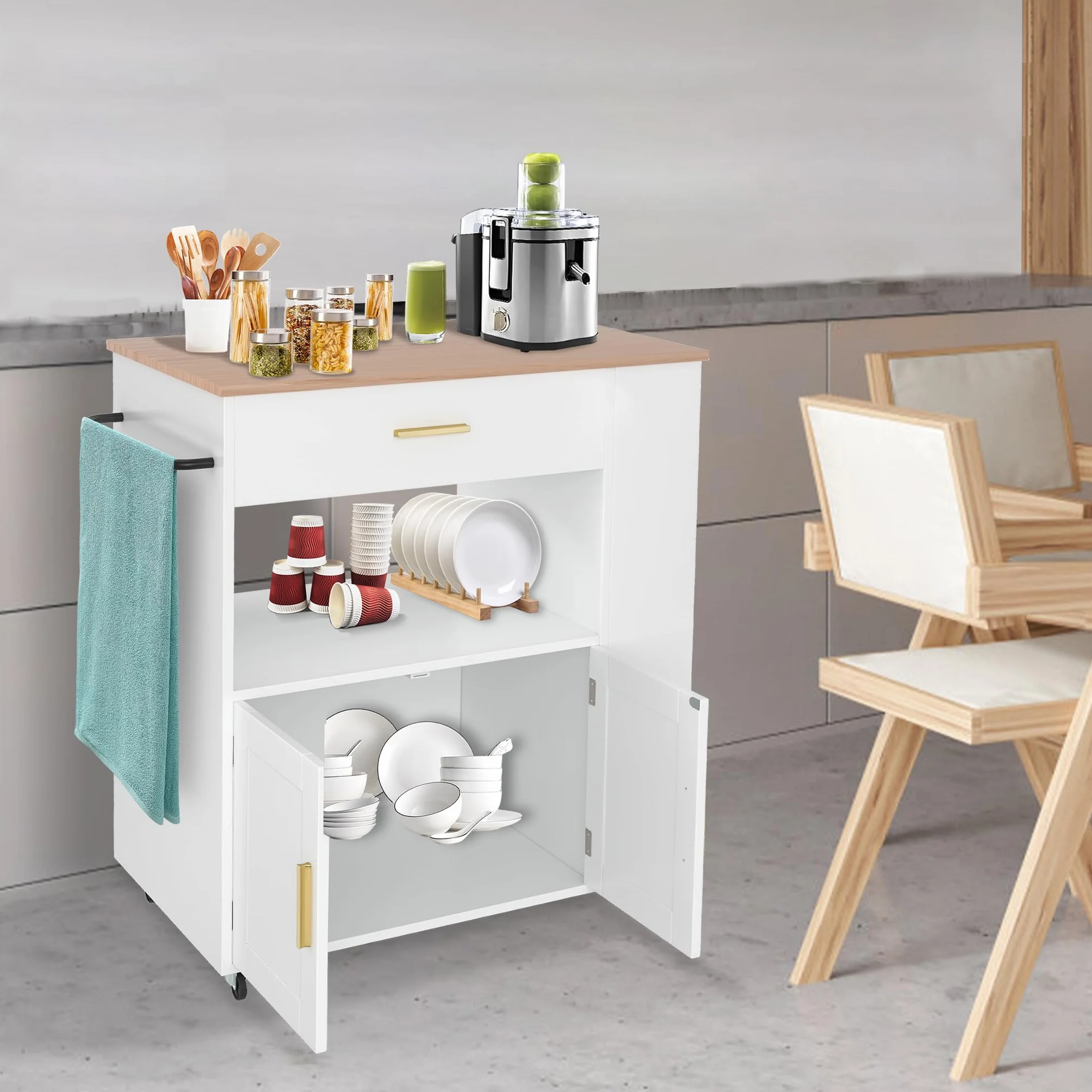 SUBTLETY 75 x 46 x 93 cm, ruchome wyspy kuchenne z płyty MDF, wózek kuchenny z szufladą, półką i półkami, wózek z blatem roboczym, obciążenie do 50 kg, wózek do jedzenia na imprezę (z regałem na