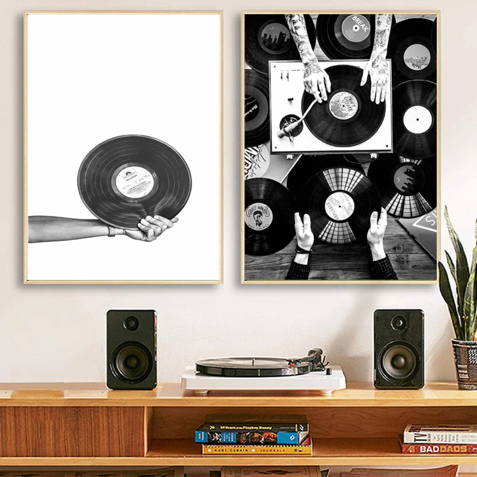 Czarno-biała płyta winylowa druk nowoczesna muzyka sztuka ścienna płótno malarstwo muzyk prezent studio muzyczne plakat dom dekoracja ścienna 60 x 90 cm x 2 ramka wewnętrzna