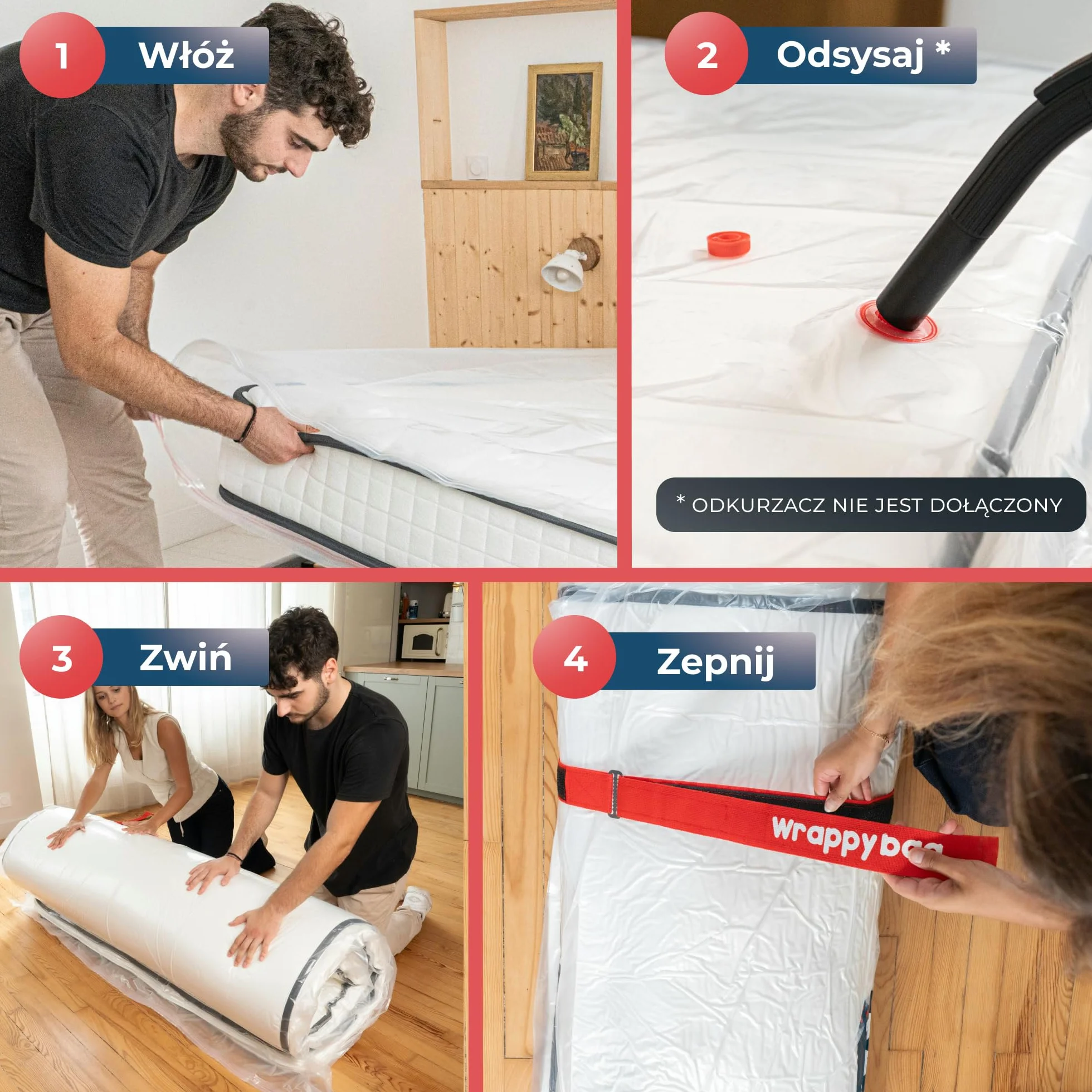 Worek Próżniowy na Materac 70x140cm Wodoodporny Zestaw z Klipsami i Paskami na Rzep