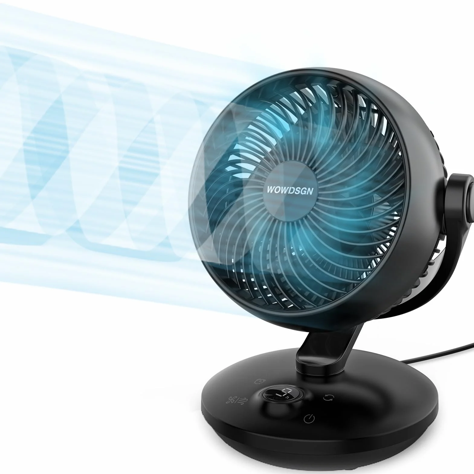 WOWDSGN Wentylator biurkowy, cichy, 24 dB, z wyświetlaczem, wydajny turbo cyrkulator 3D, 9-godzinny timer, oscylacja 100° i 80°, 6 stopni prędkości, do sypialni, salonu, biura, kuchni