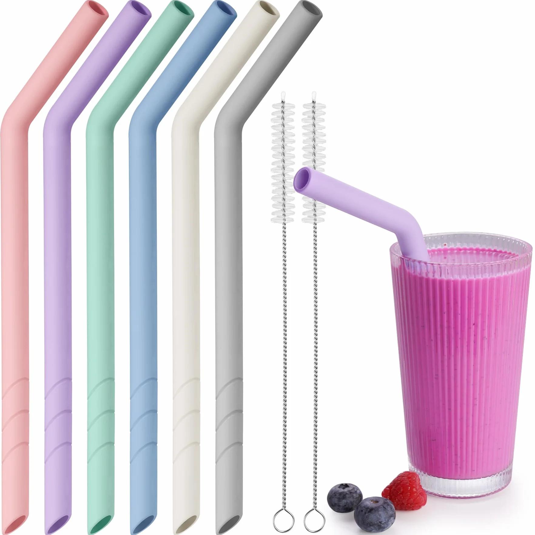 NiHome 6 sztuk silikonowych słomek wielokrotnego użytku, bardzo szerokie słomki do picia boba, smoothies i Bubble Tea, możliwość przycięcia, nie zawierają BPA, z 2 szczotkami do czyszczenia, nadają