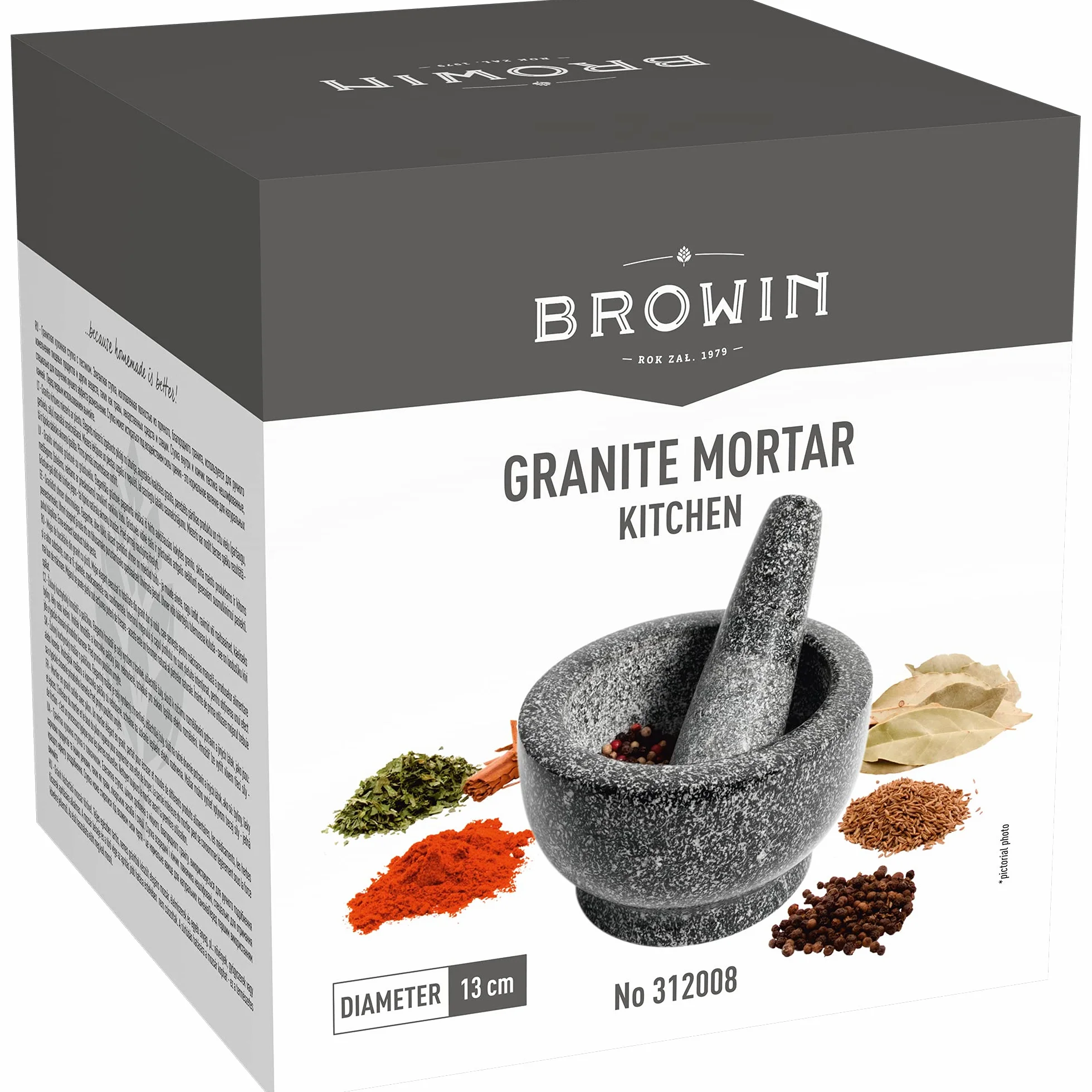 Browin 312008 Granitowy, szary moździerz kuchenny z tłuczkiem do przypraw, ziół i leków