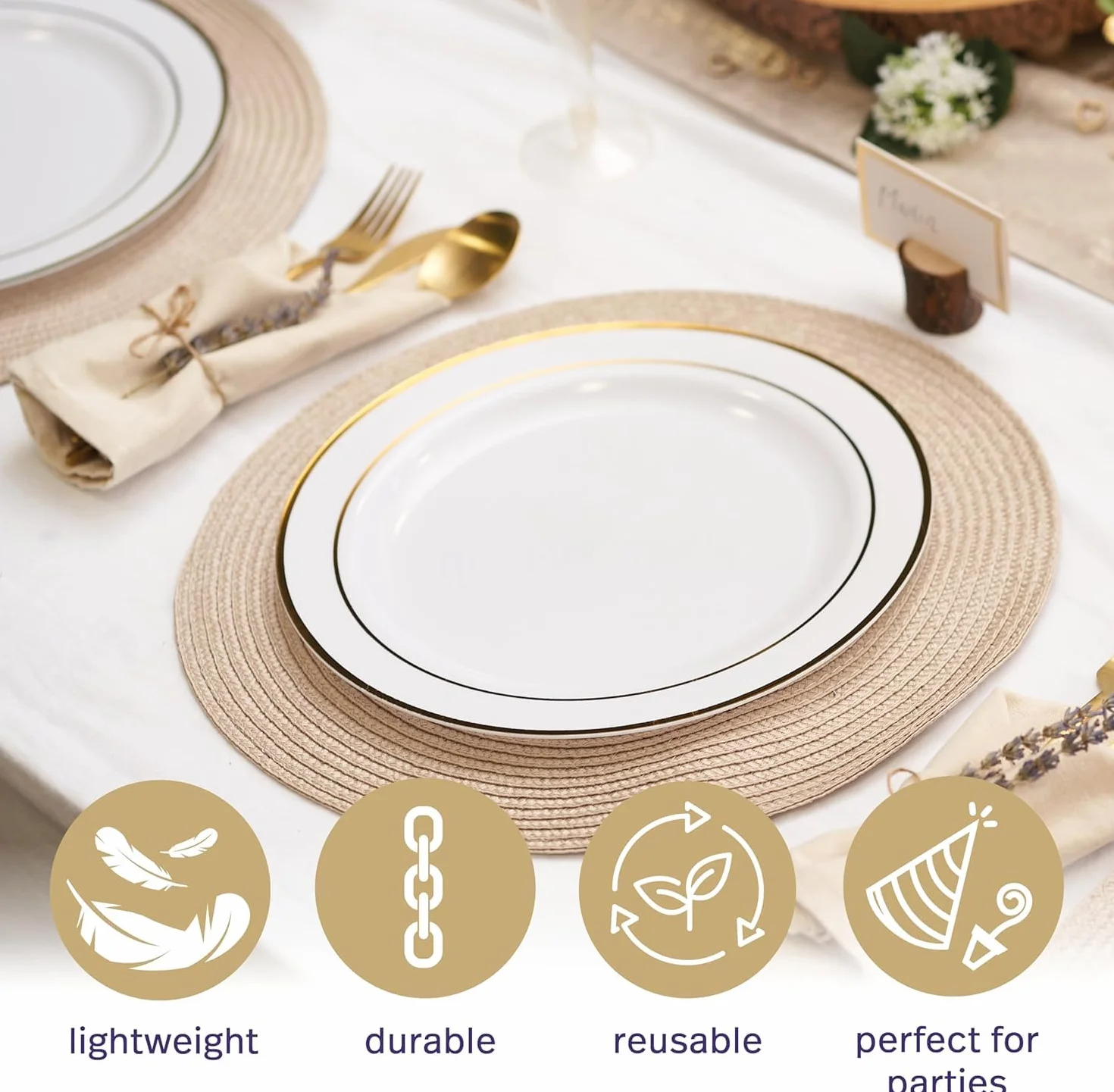 MATANA 25 Białych Plastikowych Talerzyków Premium ze Złotą Obwódką, 26cm - Eleganckie, Wytrzymałe i Wielokrotnego Użytku - Wesela, Urodziny, Chrzciny, Boże Narodzenie, Przyjęcia