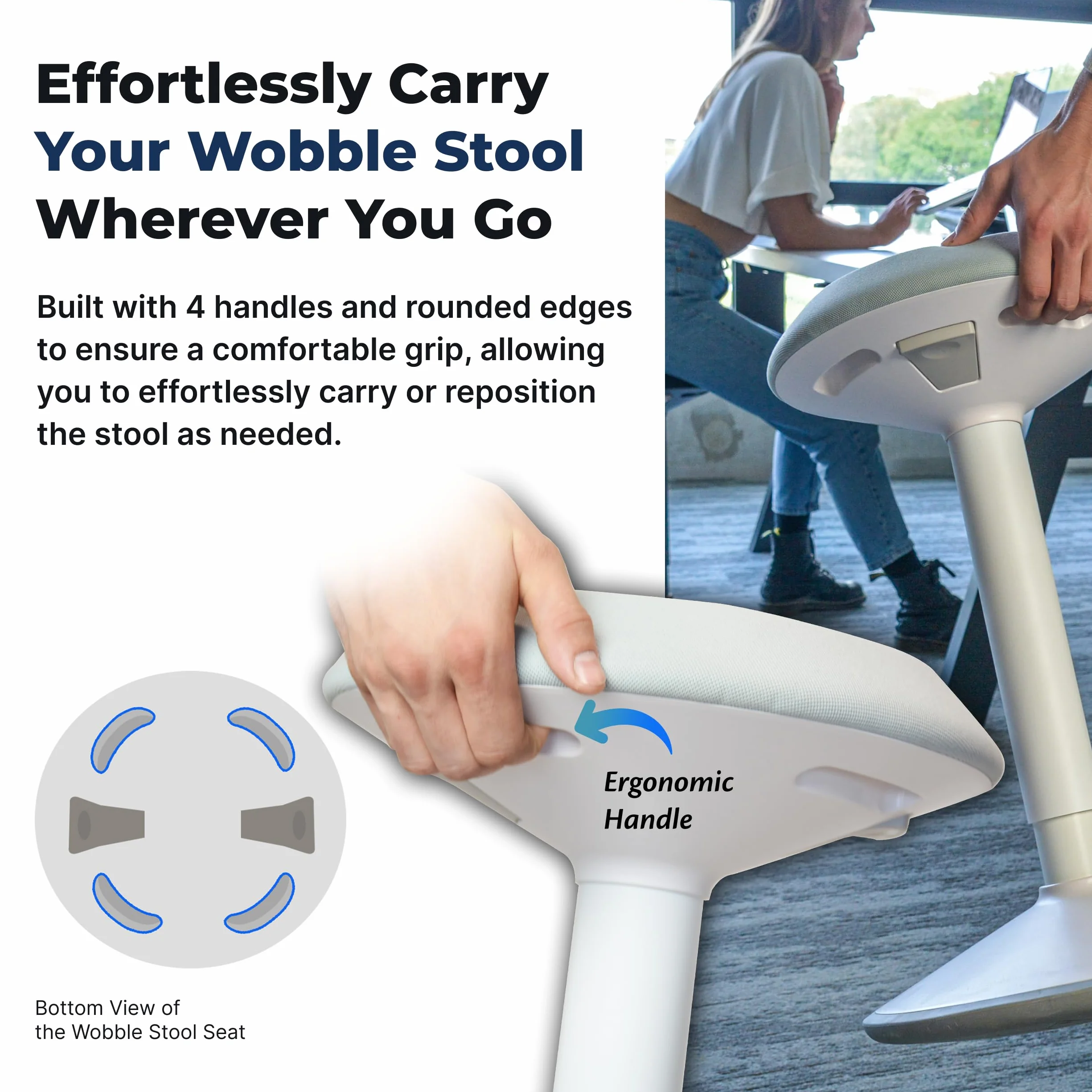 Backerz Ergonomiczny stołek biurowy – regulowana wysokość, stolnik drżący 40-60 cm – aktywne krzesło biurowe do stania z antypoślizgową podstawą do aktywnego przechyłu – biały