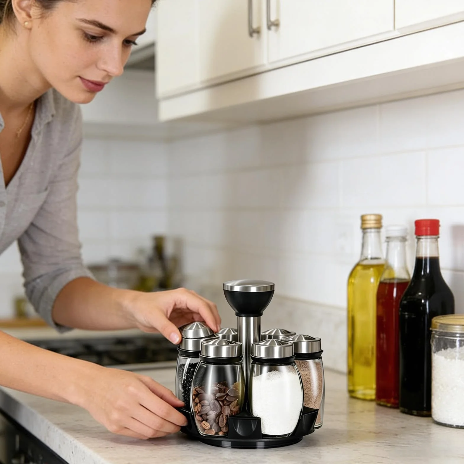 Stojak na przyprawy ze stali nierdzewnej na blat kuchenny, obrotowy uchwyt do przechowywania do kuchni, domu, restauracji, stołu jadalnego, grilla - idealny na przyprawy i przyprawy