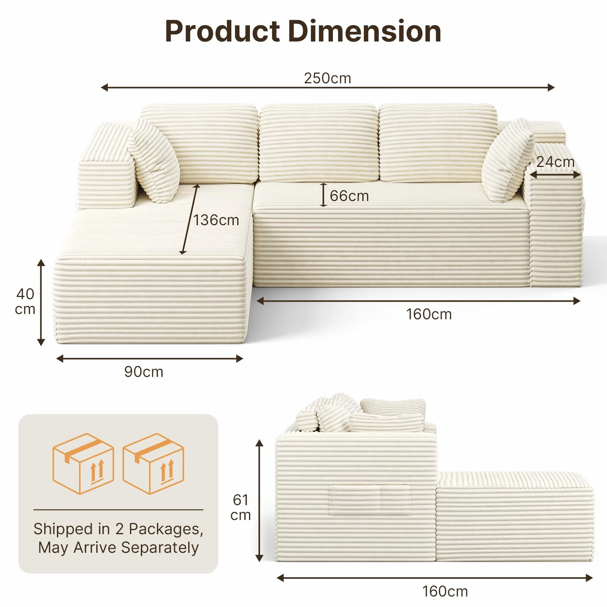 Xbro Sofa 3-osobowa w kształcie litery L z sztruksu, nowoczesna sofa do salonu z poduszkami i bocznymi kieszeniami, pianka 30D o wysokiej gęstości, 250 x 160 x 62 cm, Beżowa