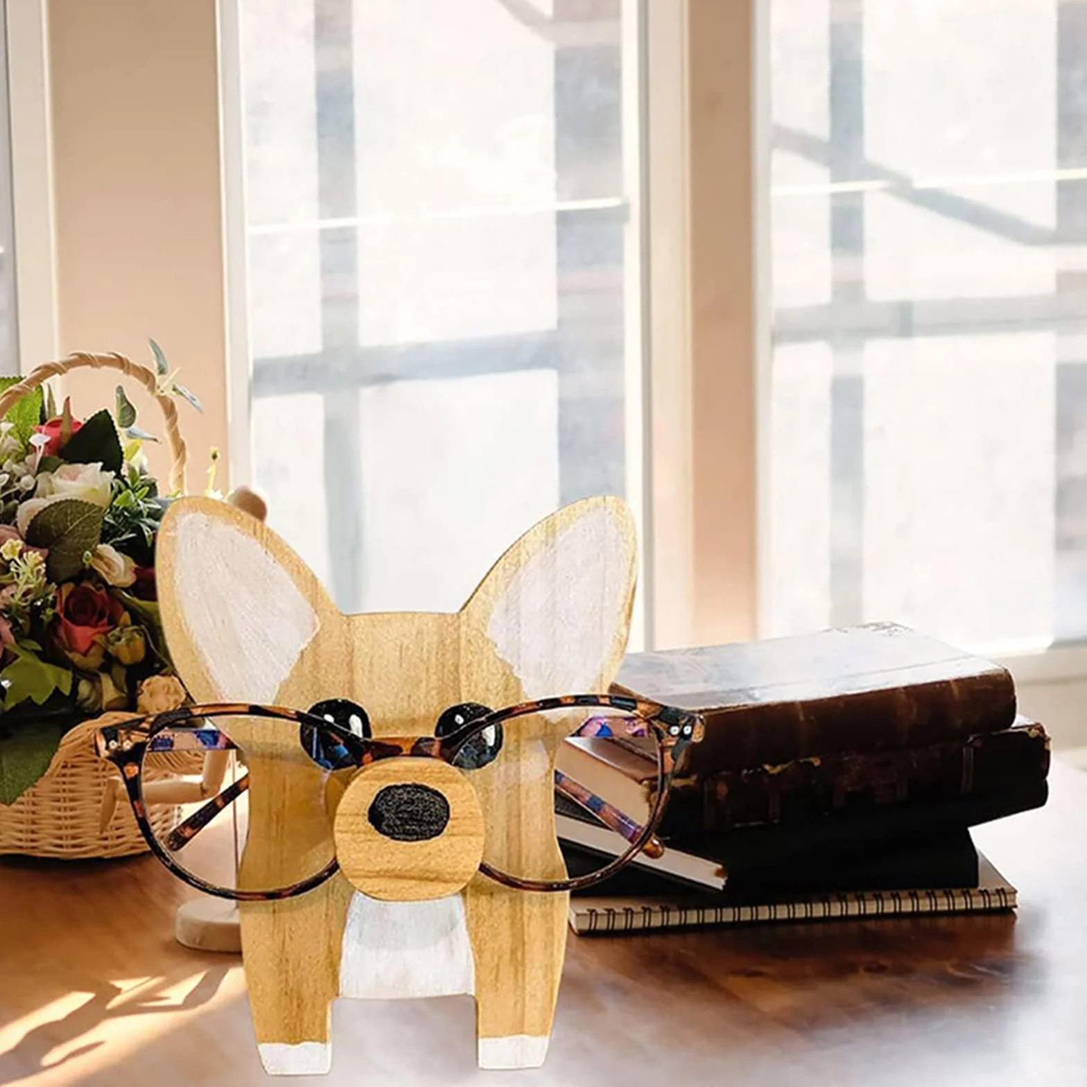 Drewniany uchwyt na okulary ze zwierzętami, ręcznie wykonany uchwyt na okulary w kształcie corgi stojak na okulary przeciwsłoneczne stojak ekspozycyjny do domu biura akcesoria dekoracyjne