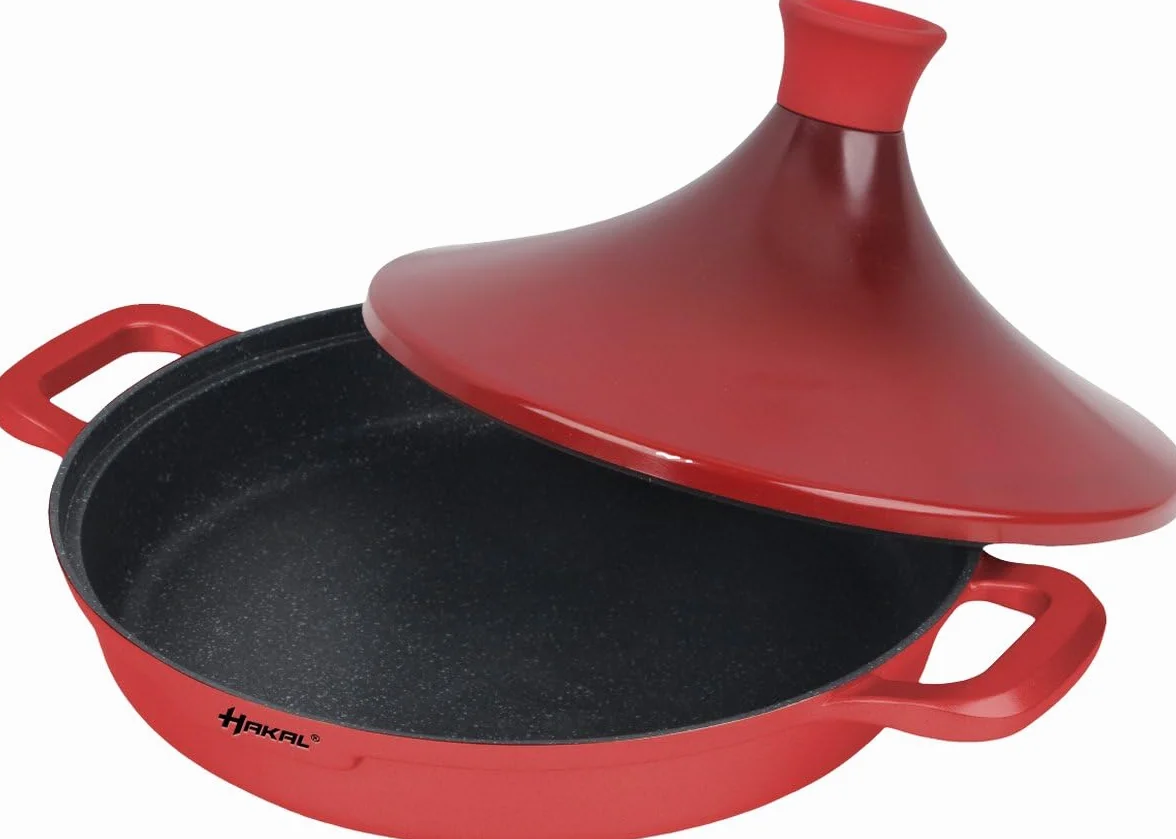 Kook Tajine Saffron 30 cm - Non-stick - PFOA free- nadaje się do wszystkich płyt kuchennych - czerwony wraz z rękawicami kuchennymi i filcem