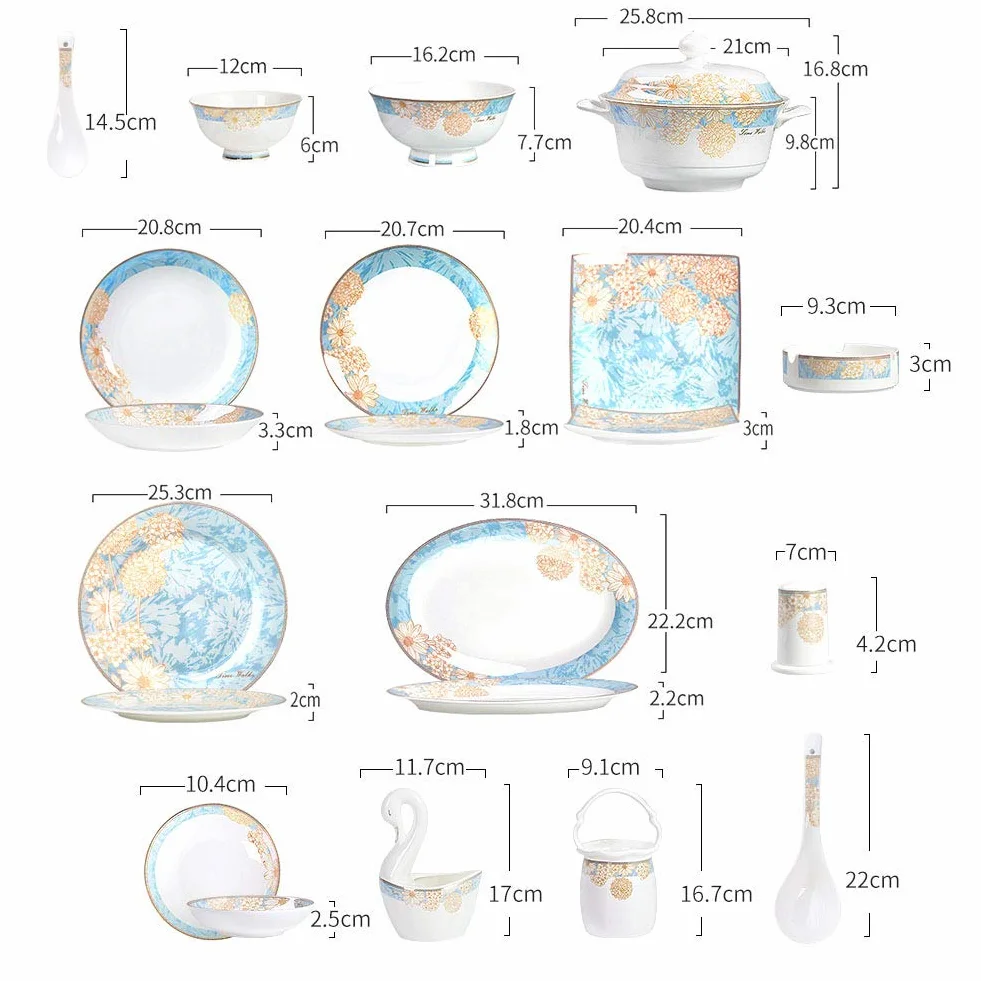 Luksusowy zestaw obiadowy z porcelany, 60 sztuk, ręcznie robione zestawy obiadowe z chińskiej ceramiki pałacowej | Talerze/miski – zestaw kombinacji zastawy stołowej