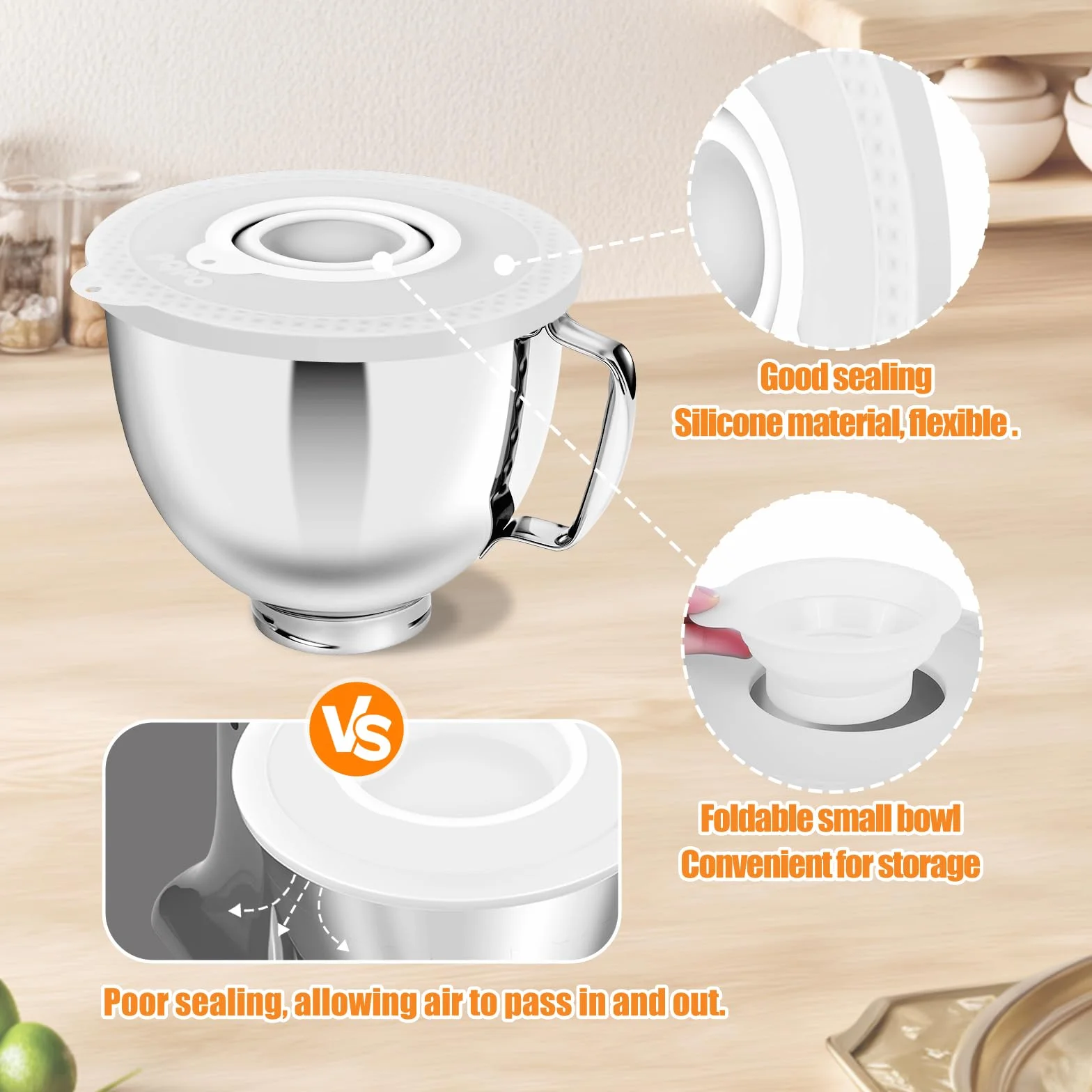 Zestaw misek blendera ze stali nierdzewnej 5 czwartych kompatybilny z mikserami stojącymi z głowicą uchylną Kitchen Aid 4,5 do 5 czwartych (5-czwarta miska+biała pokrywa)