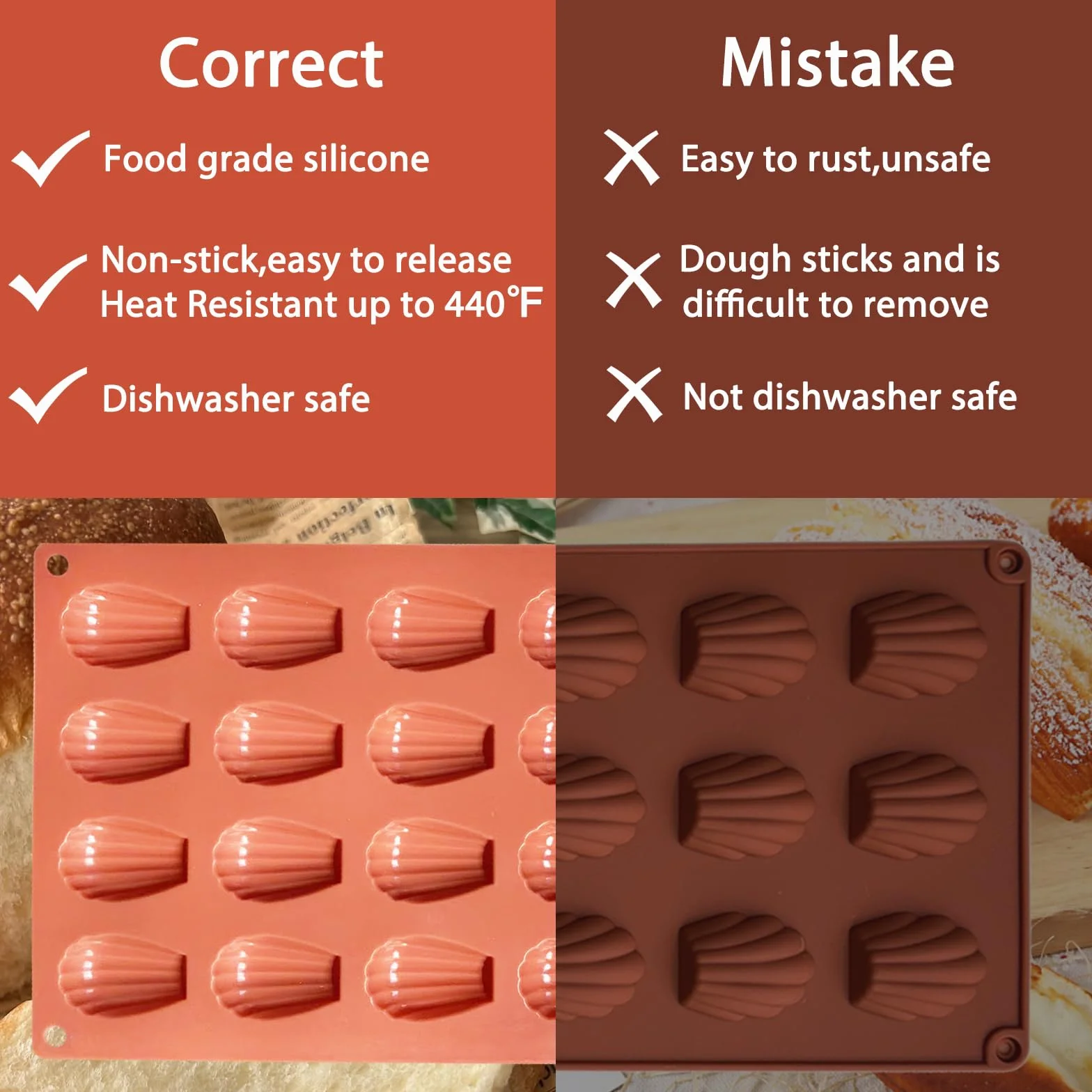 Silikonowa forma do pieczenia, 20 zagłębień, powłoka nieprzywierająca, terakota, do madeleines i wypieków