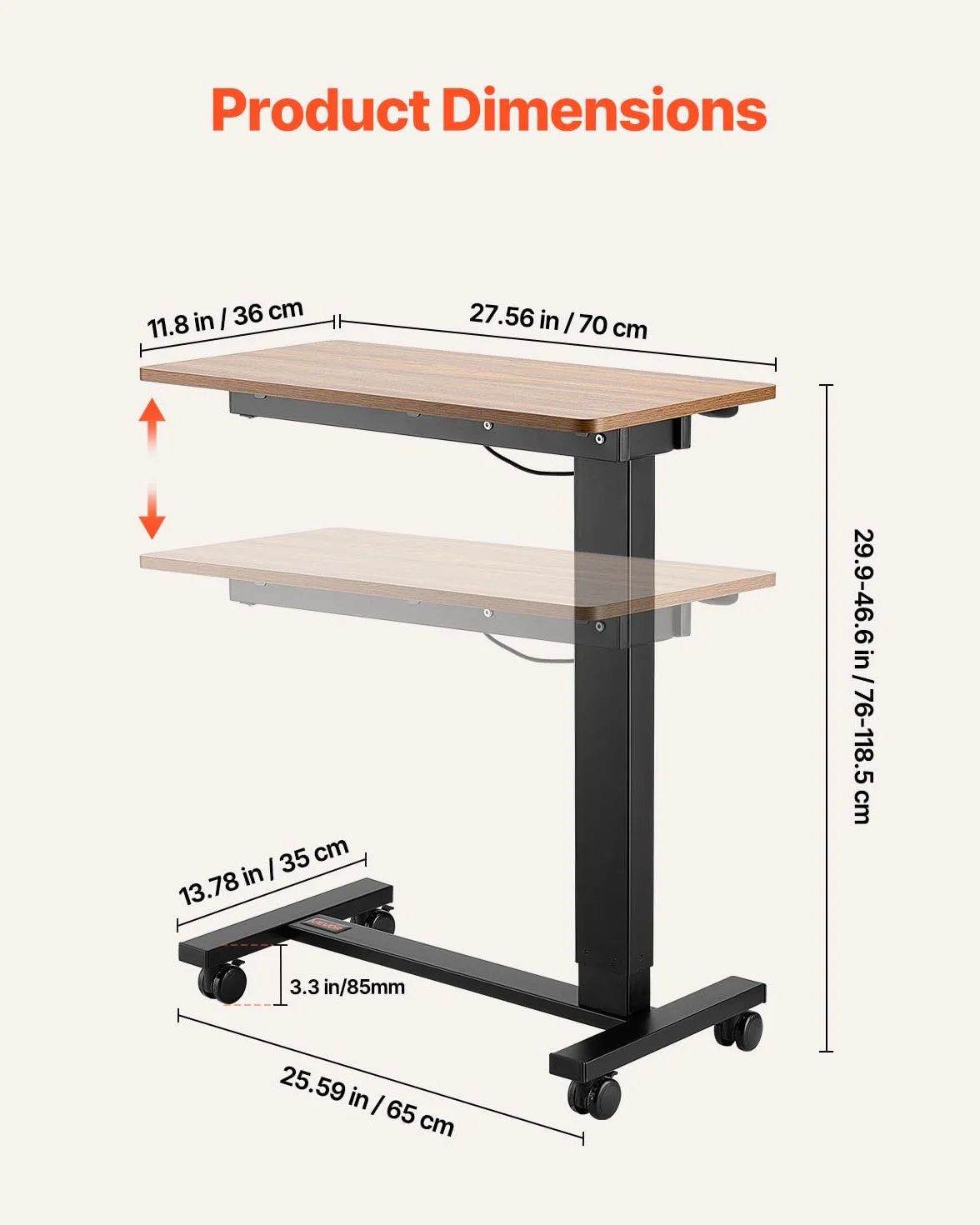 VEVOR Przenośny stolik pod łóżko z 4 kółkami, elektryczne podnoszenie z przyciskiem Upgrade, zwijane biurko na laptopa z uchwytem na napoje, biurko z regulacją wysokości