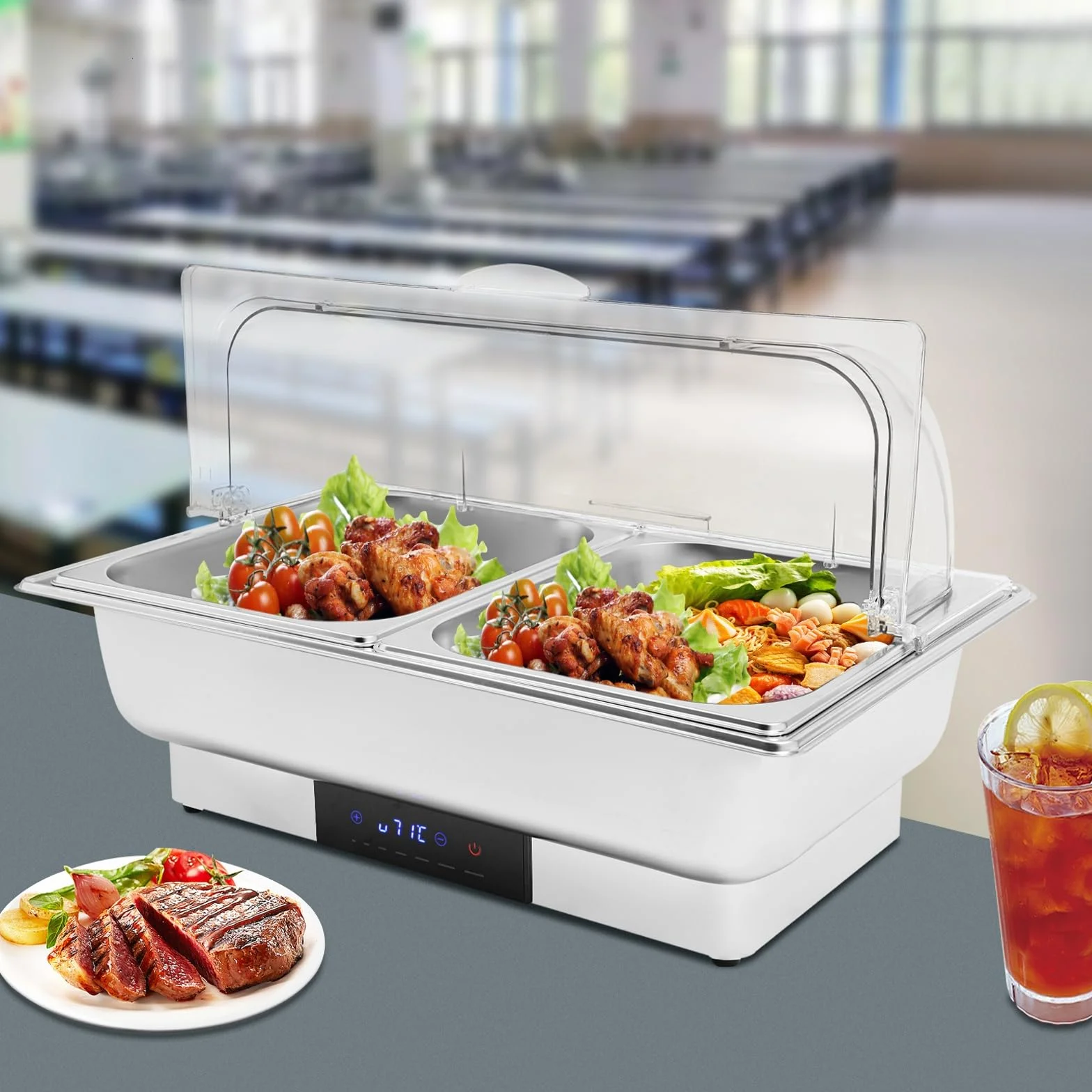 Elektryczny podgrzewacz do potraw Chafing Dish podgrzewacz do potraw na bufet ze stali nierdzewnej 9L 15L pojemnik na żywność z regulacją temperatury na imprezy, catering (2 przegród)